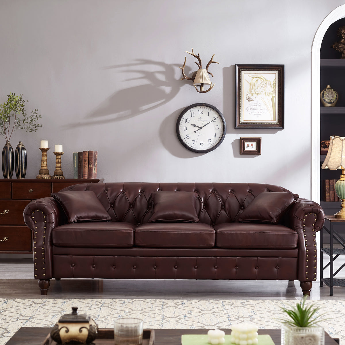 Burgundy Vegan Leather 3-Seat Chesterfield Sofa, 85.8 in Wide