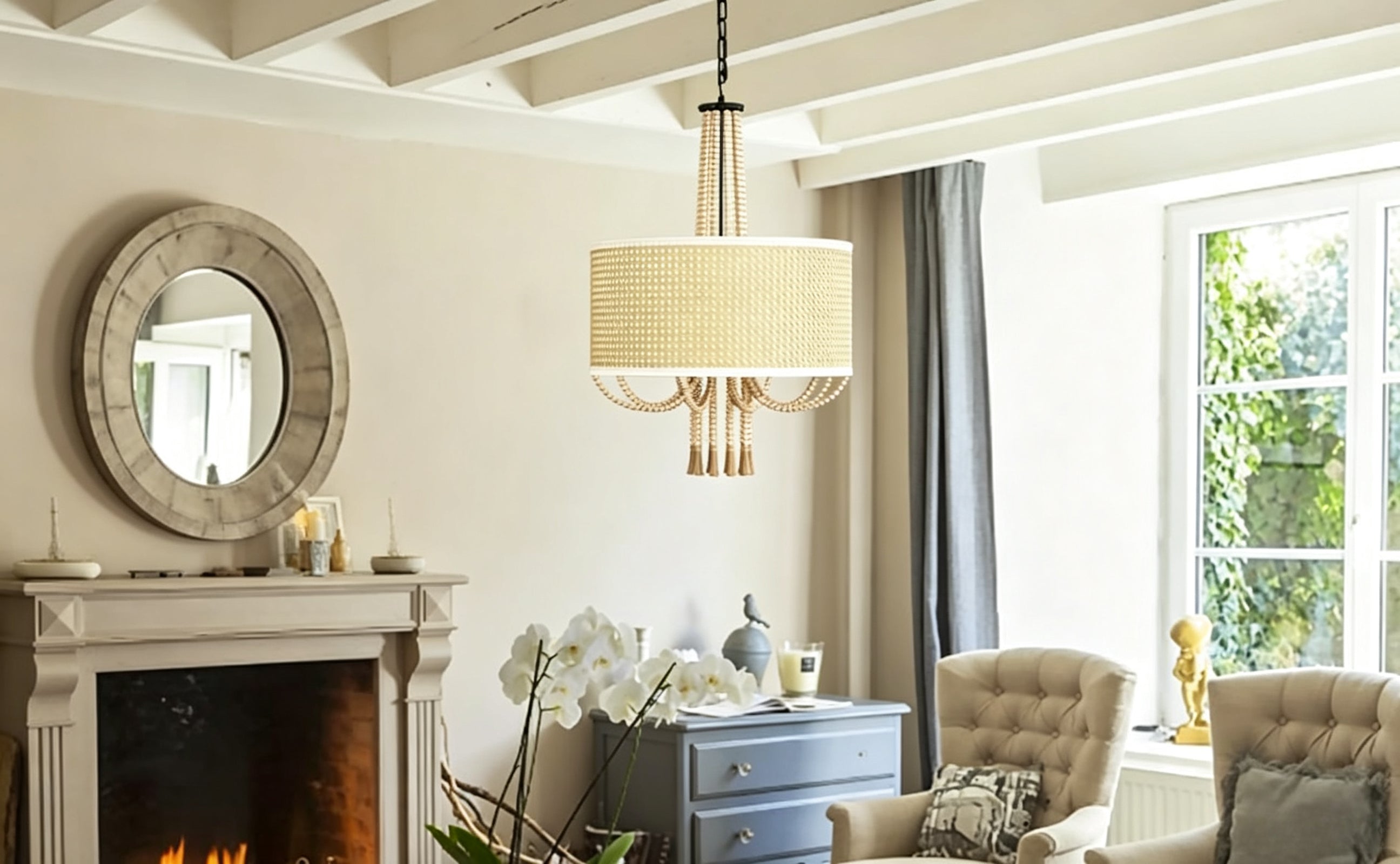 Chandelier, 5-Light Rattan Bamboo Farmhouse, Wood Finish