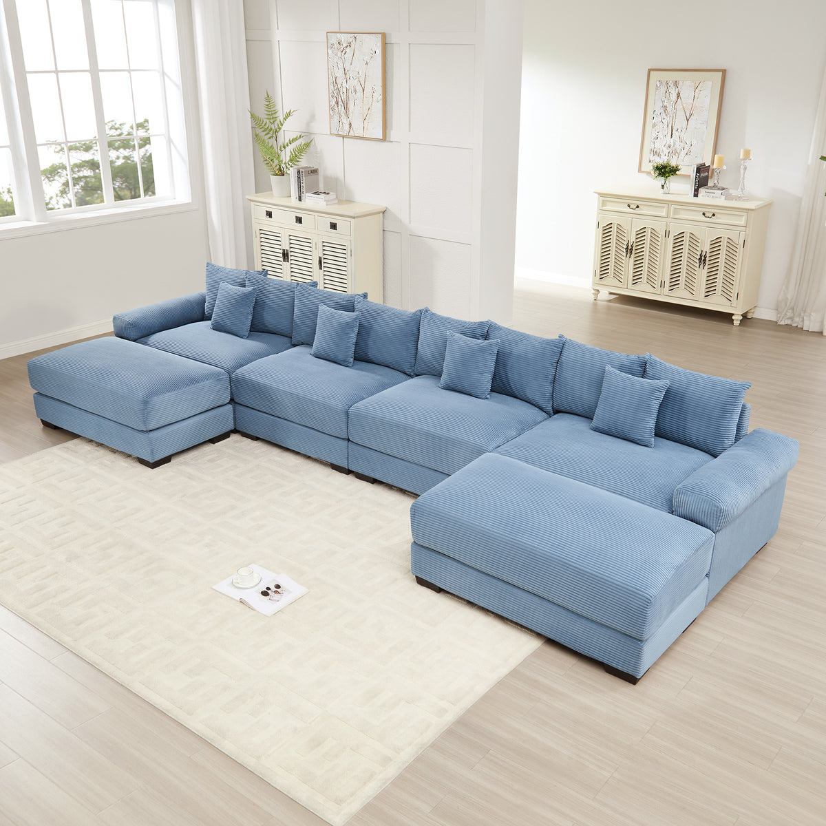 Blue Corduroy Modular Sectional with 2 Ottomans, 170 in Wide