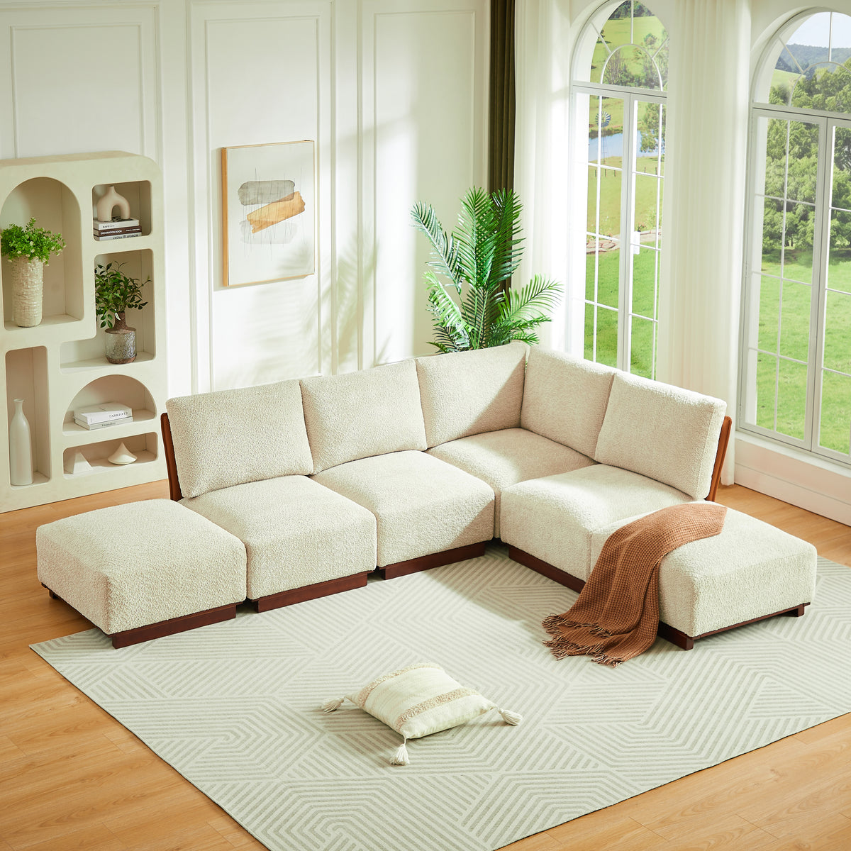 Boucle L-Shaped Modular Sectional Couch with 2 Ottomans, 116 in Wide