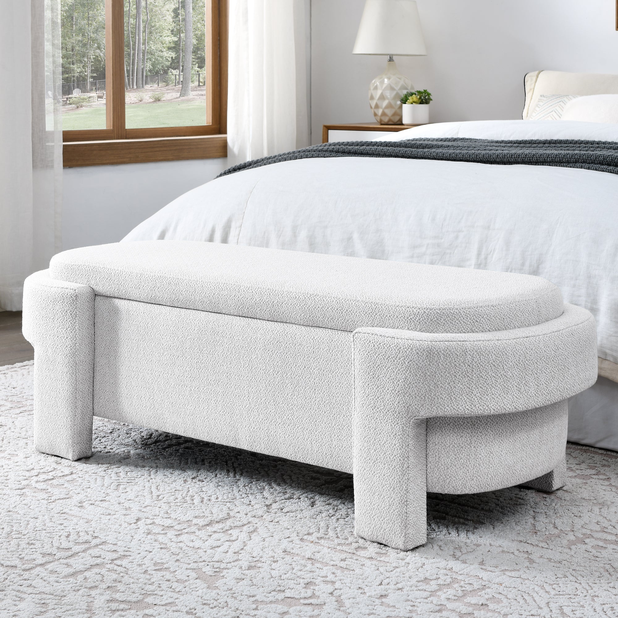 Linen Storage Bench, White Oval with Hidden Flip-Top Lid