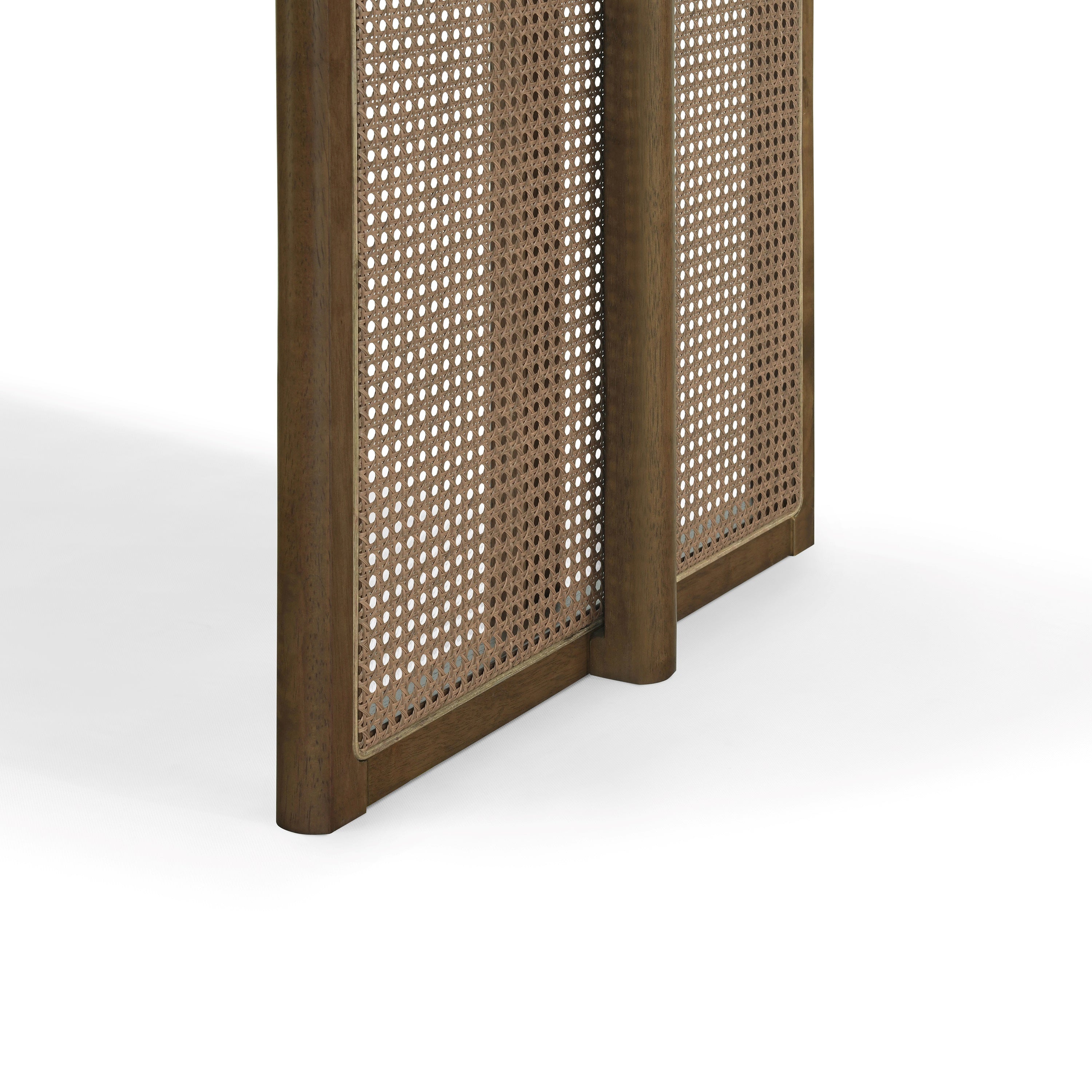 Close-up of a woven cane panel leg base on the walnut rubberwood dining table, white background