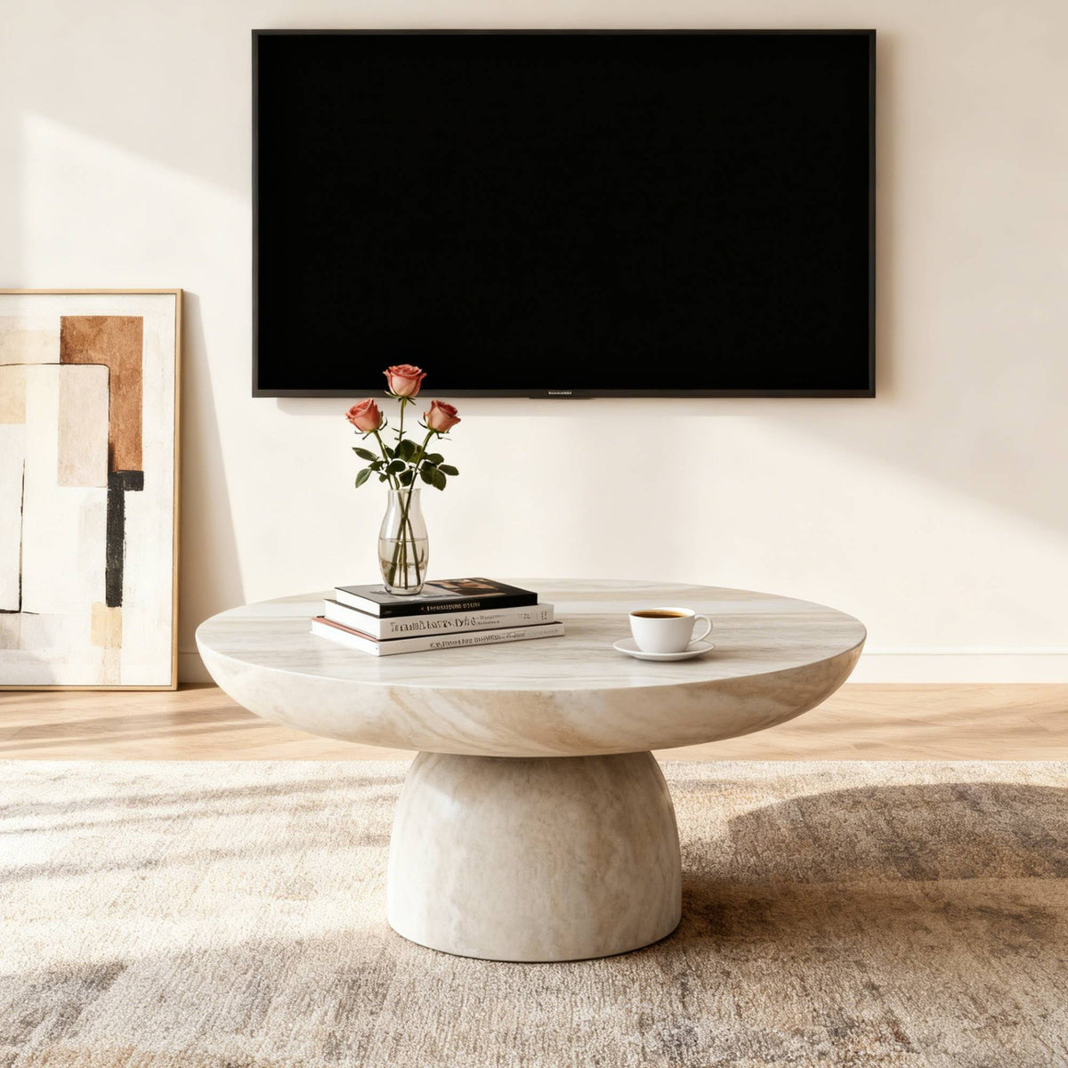 Beige Round Coffee Table, 31.5 in, 13.8 in Tall