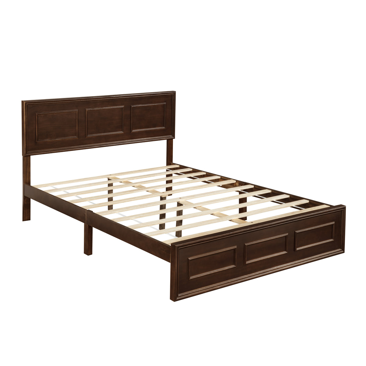 Studio angled view of rich brown wood queen bed frame with headboard and wood slats