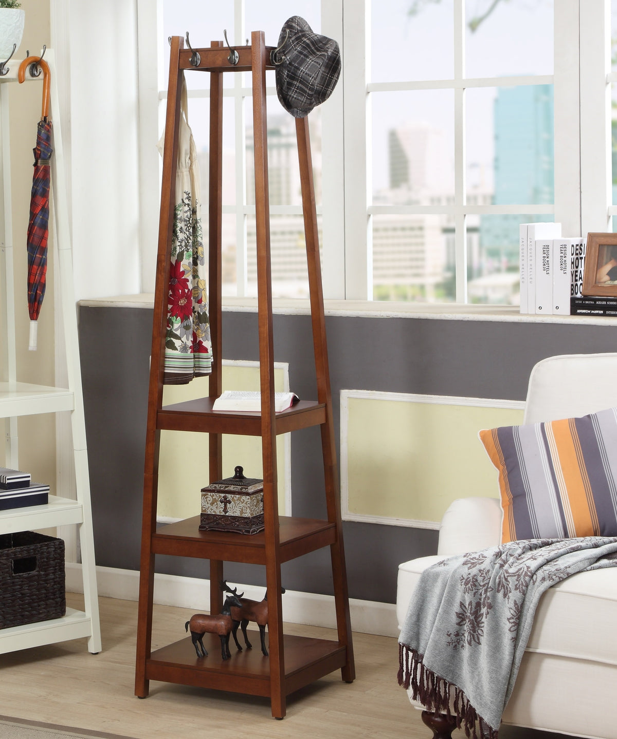 Espresso Coat Rack with Shelves