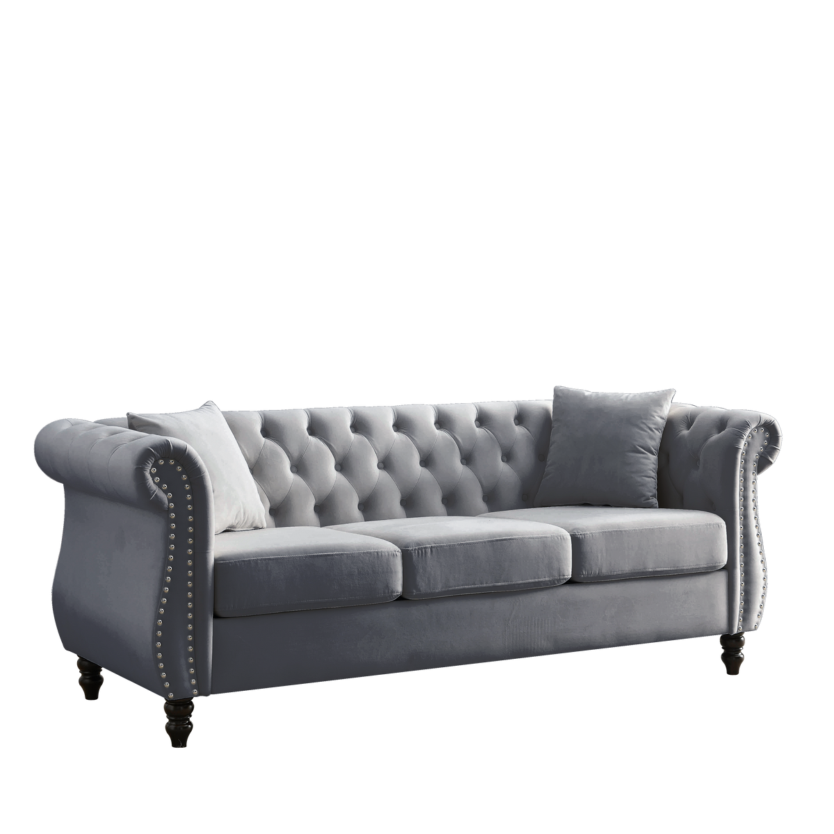 Gray Velvet 3-Seat Chesterfield Sofa, Nailhead Trim