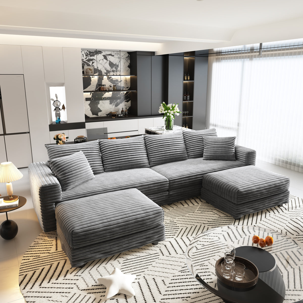 Gray Corduroy 4-Seat Couch with Ottoman, 102.4 in Wide, Two Ottomans