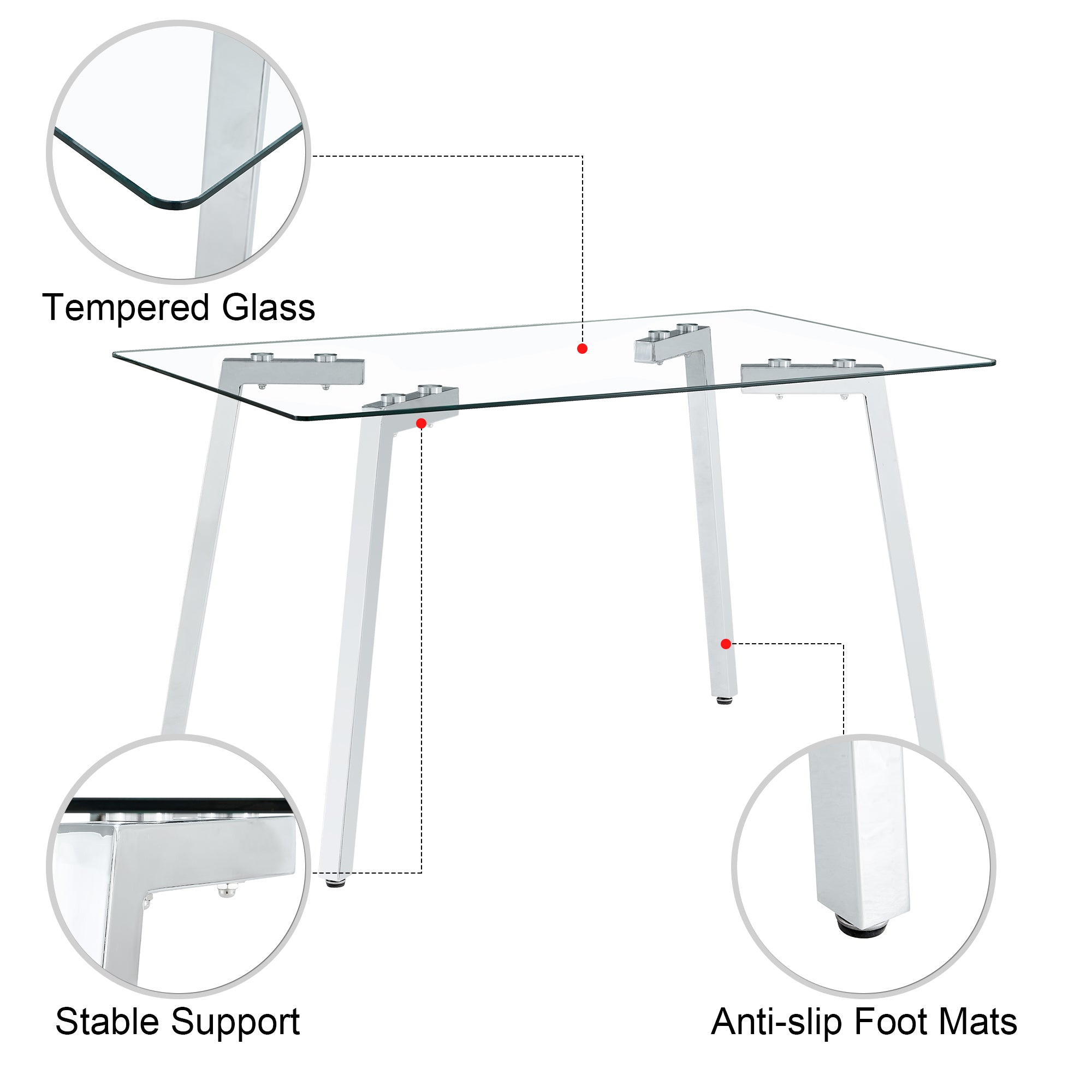 Feature graphic showing the tempered glass, stable support and anti-slip foot mats of the table