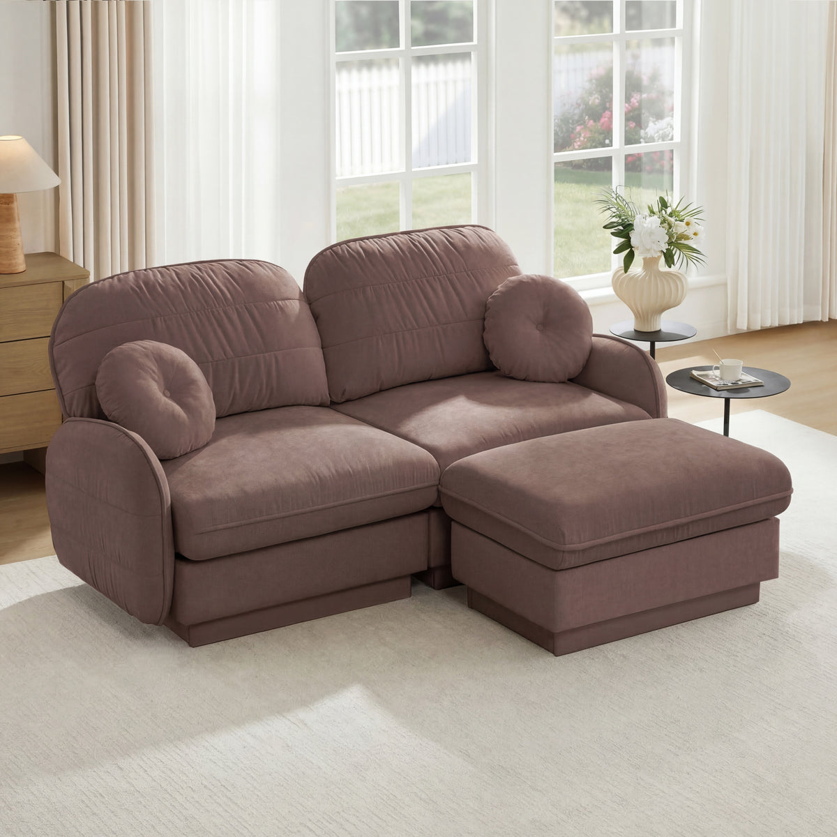 Pink Chenille Sectional Couch with Ottoman