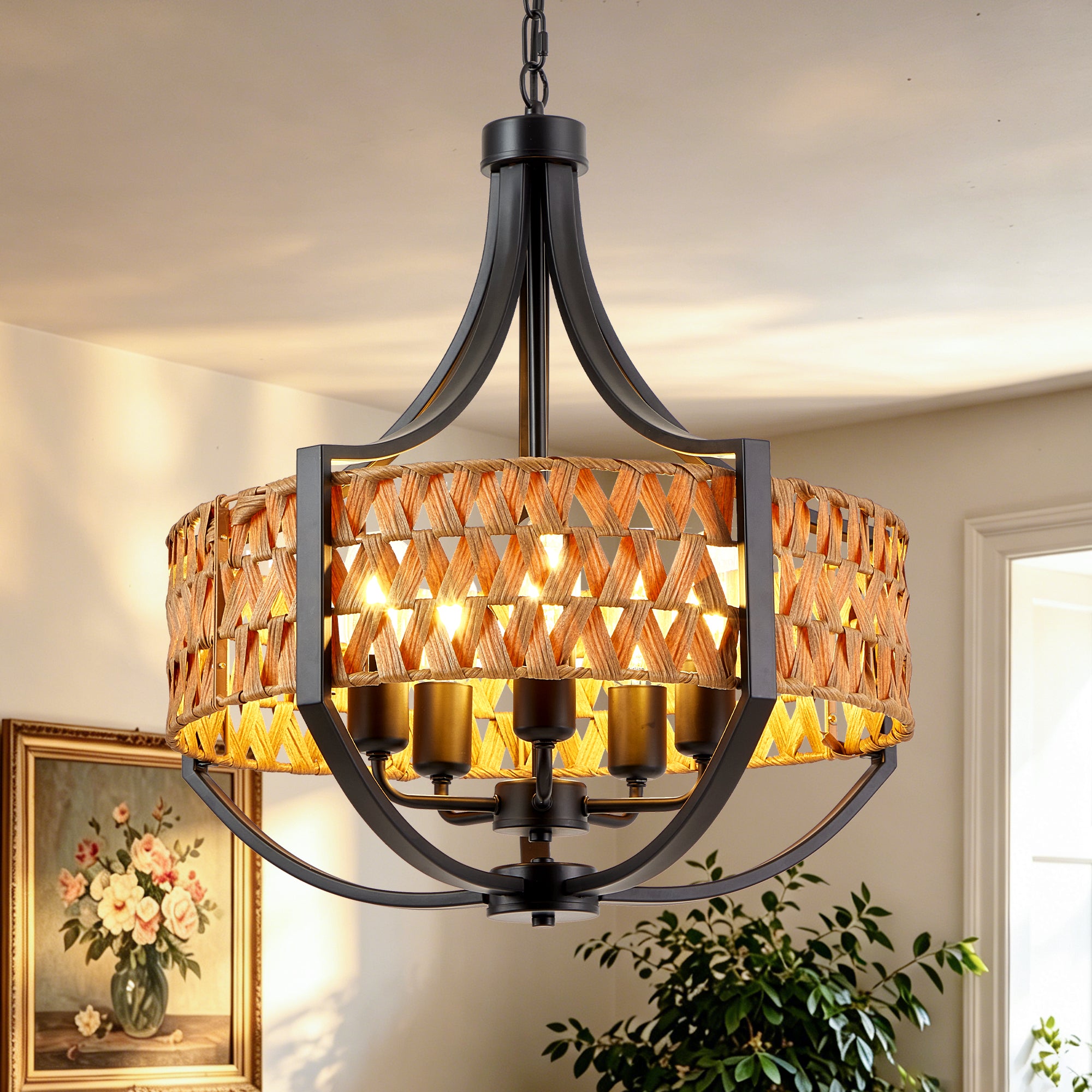 Chandelier, 5-Light Rattan Shades with Iron Frame, Black