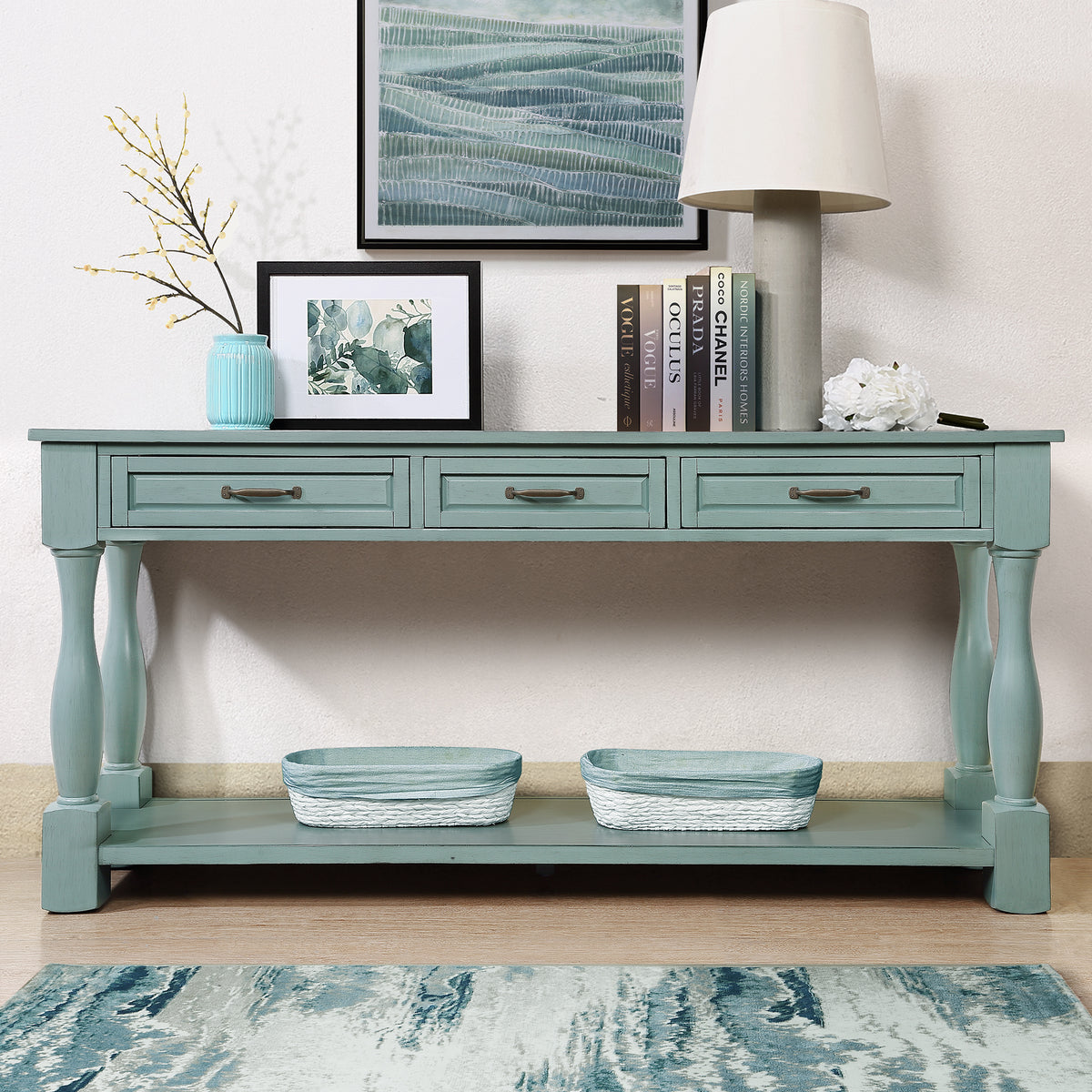 Blue Entryway Console Table, 3 Drawers, 63.4 in Wide