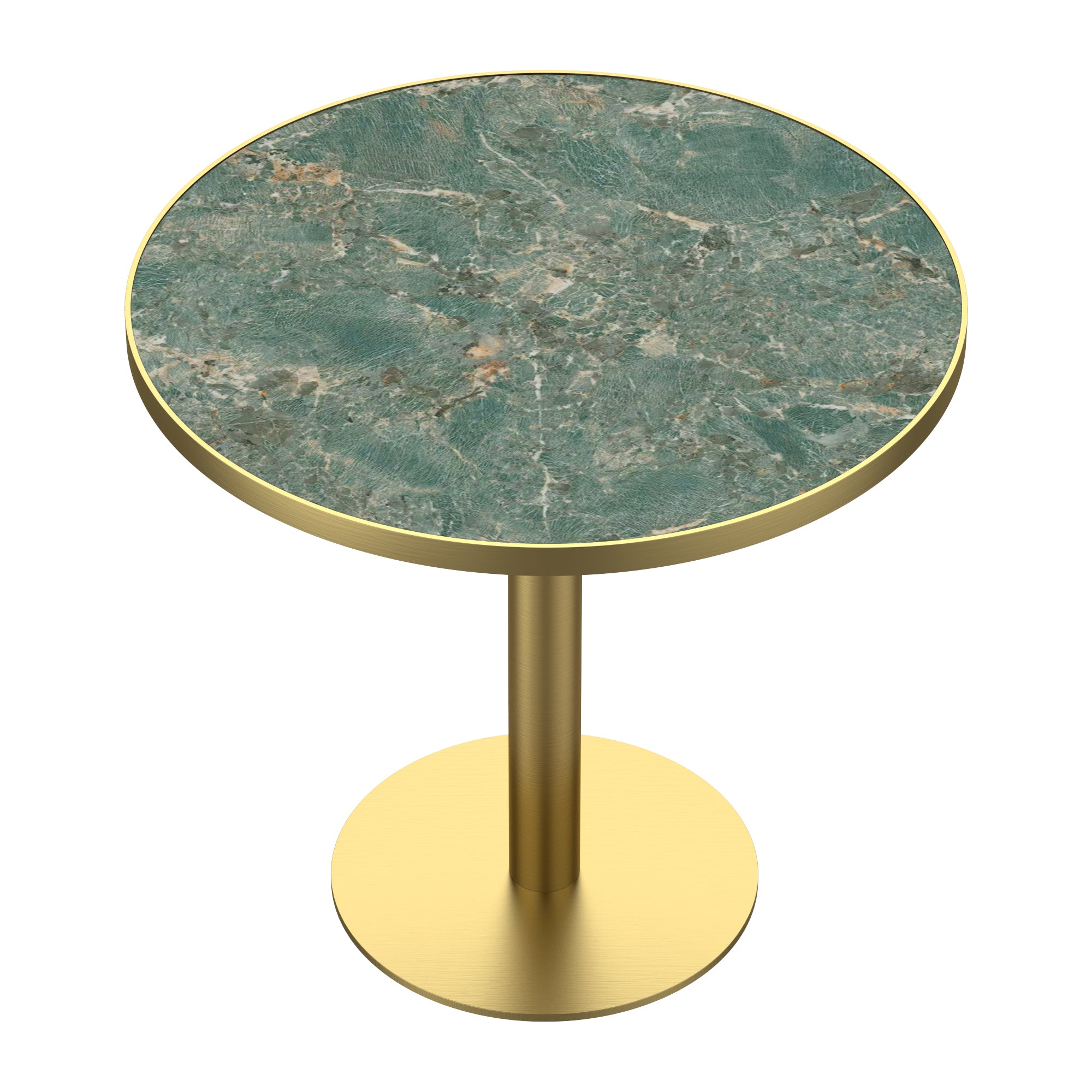Gold and green sintered stone round table, high-angle three-quarter view, white studio