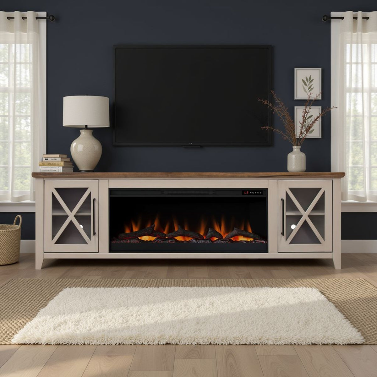 Beige Fireplace TV Stand for TVs up to 100 in, 83 in Wide