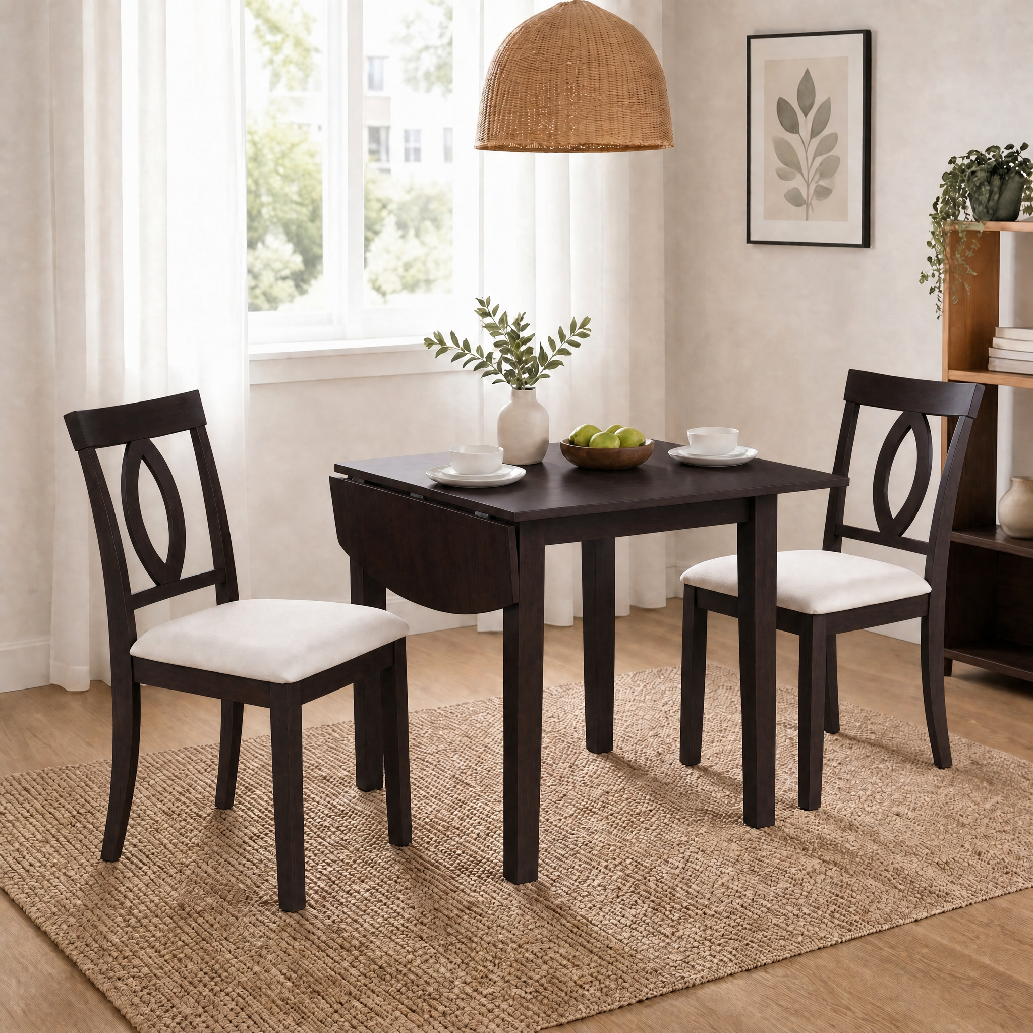3-Piece Drop-Leaf Dining Set for 2, Dark Brown Wood Table + 2 Chairs