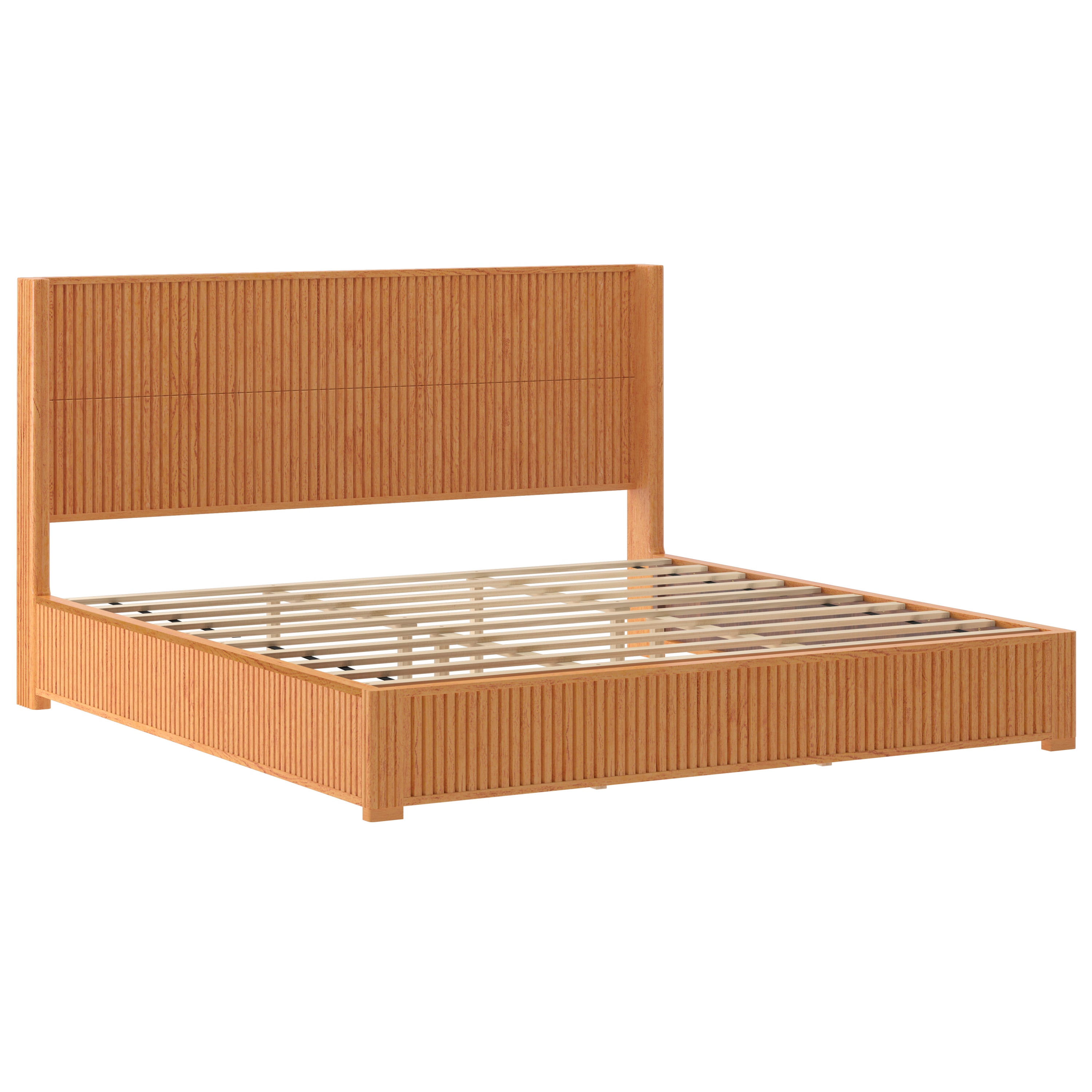 Side profile of natural wood king floor bed frame showing low base height