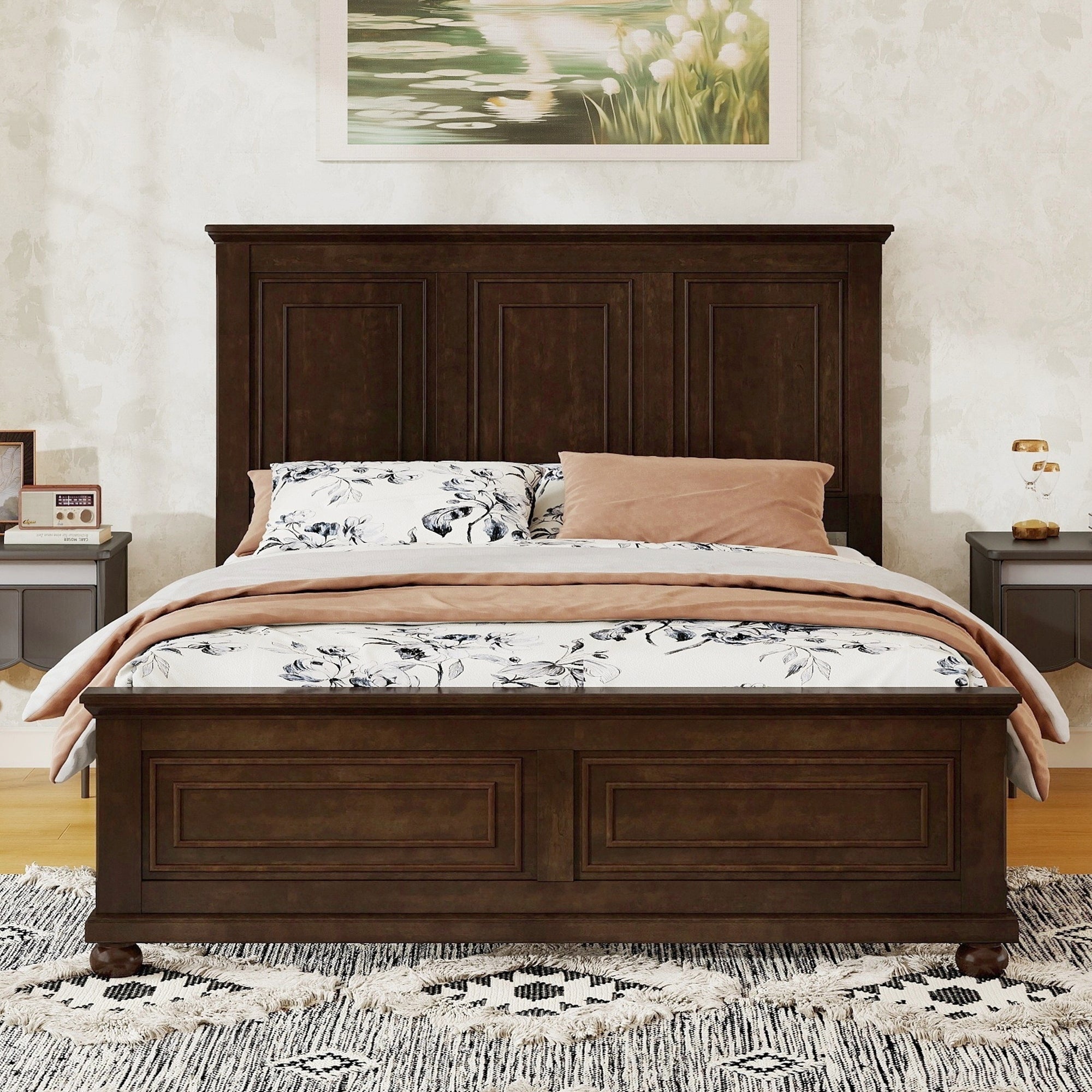 Rich brown queen bed frame with USB ports in a styled bedroom, panel headboard and footboard, floral bedding, two nightstands
