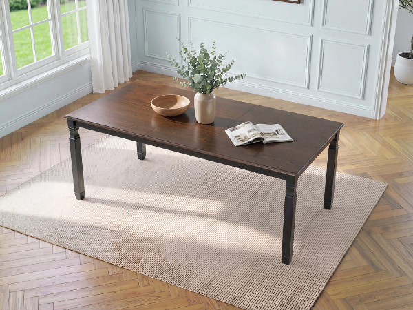 Espresso oak veneer farmhouse dining table, three-quarter overhead view on a rug in a bright room