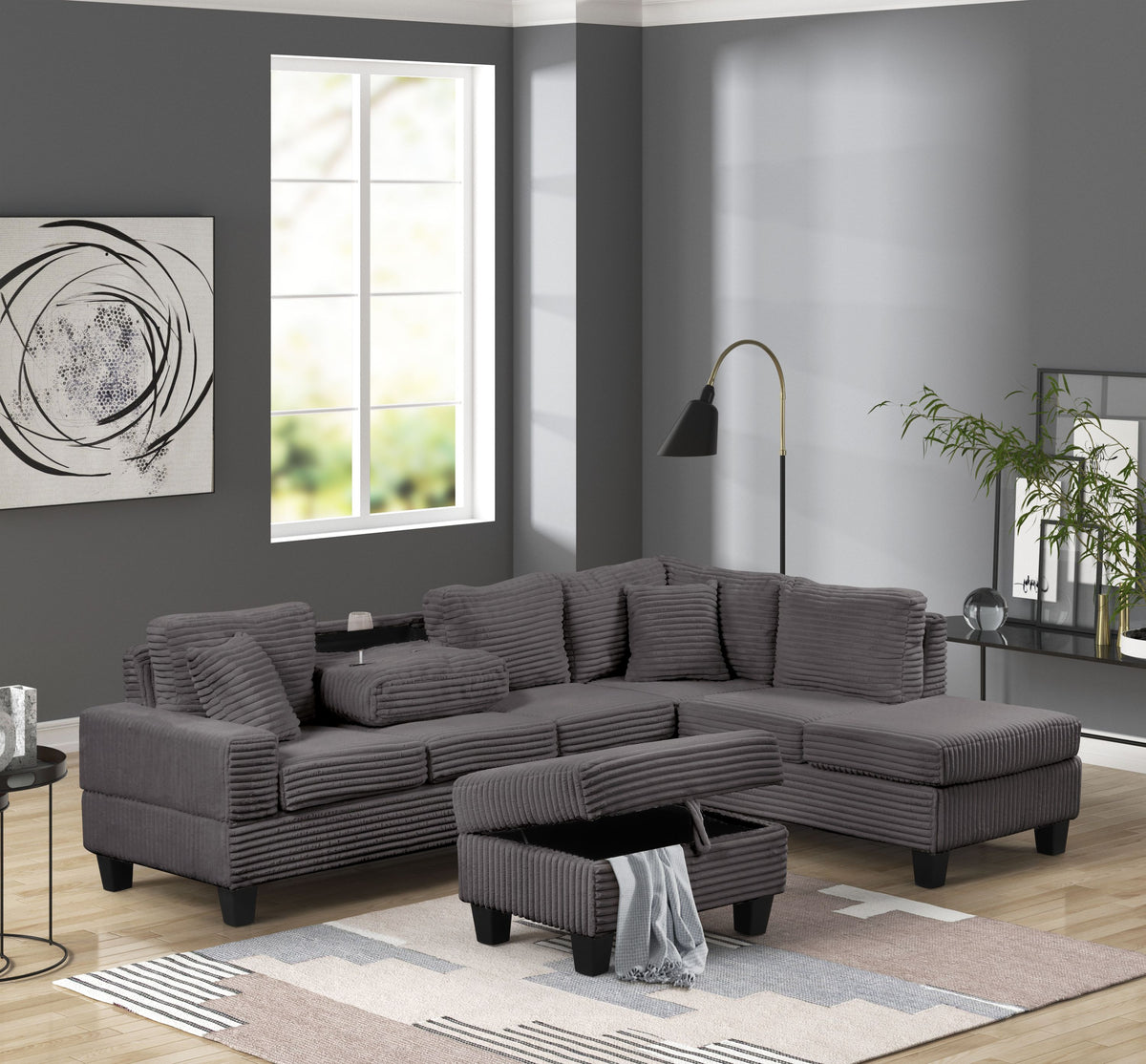 Gray Reclining Sectional with Ottoman, Right-Facing