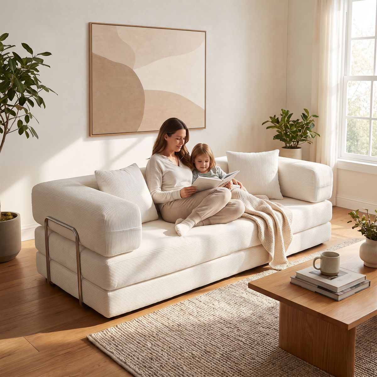 White Corduroy Sleeper Sofa, 78.7 in Wide