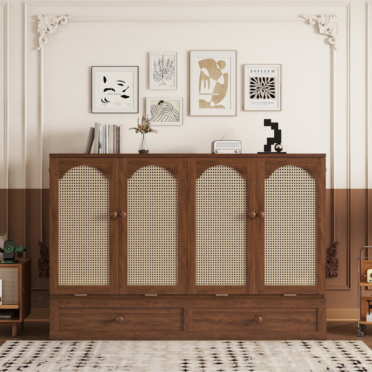 Queen Murphy Bed Cabinet with Rattan Doors, Walnut Finish