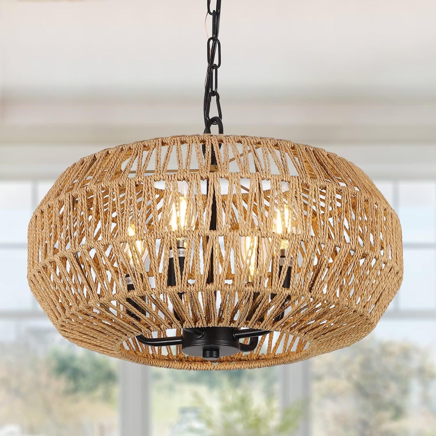 Chandelier, Rattan and Metal Frame, 4-Light, Brown