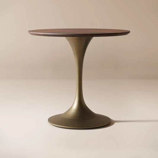 31 inch round walnut dining table with beveled edge and brushed stainless steel base, ideal for small modern dining spaces.