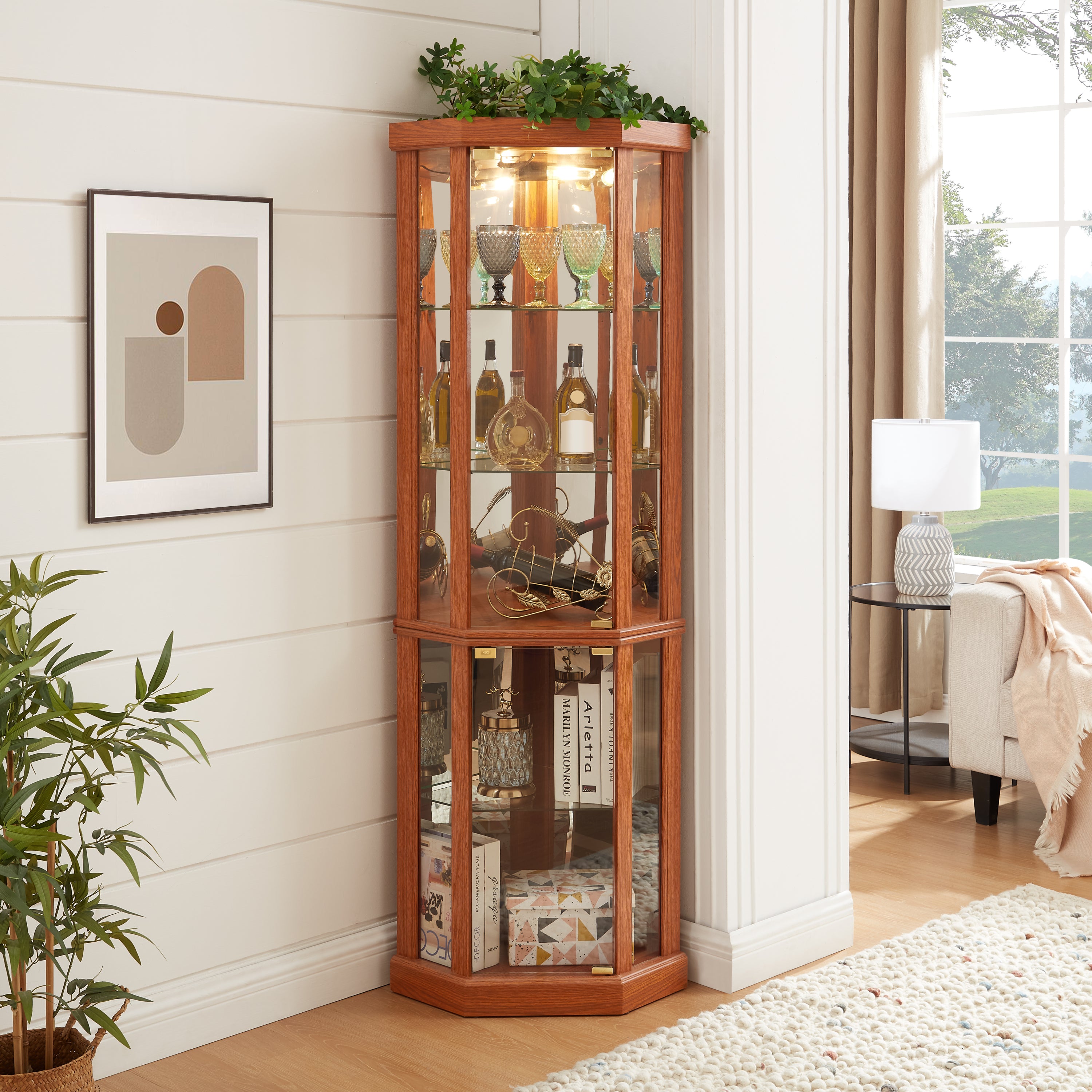 Lighted Corner Curio Cabinet, Dark Oak, Glass Display Case