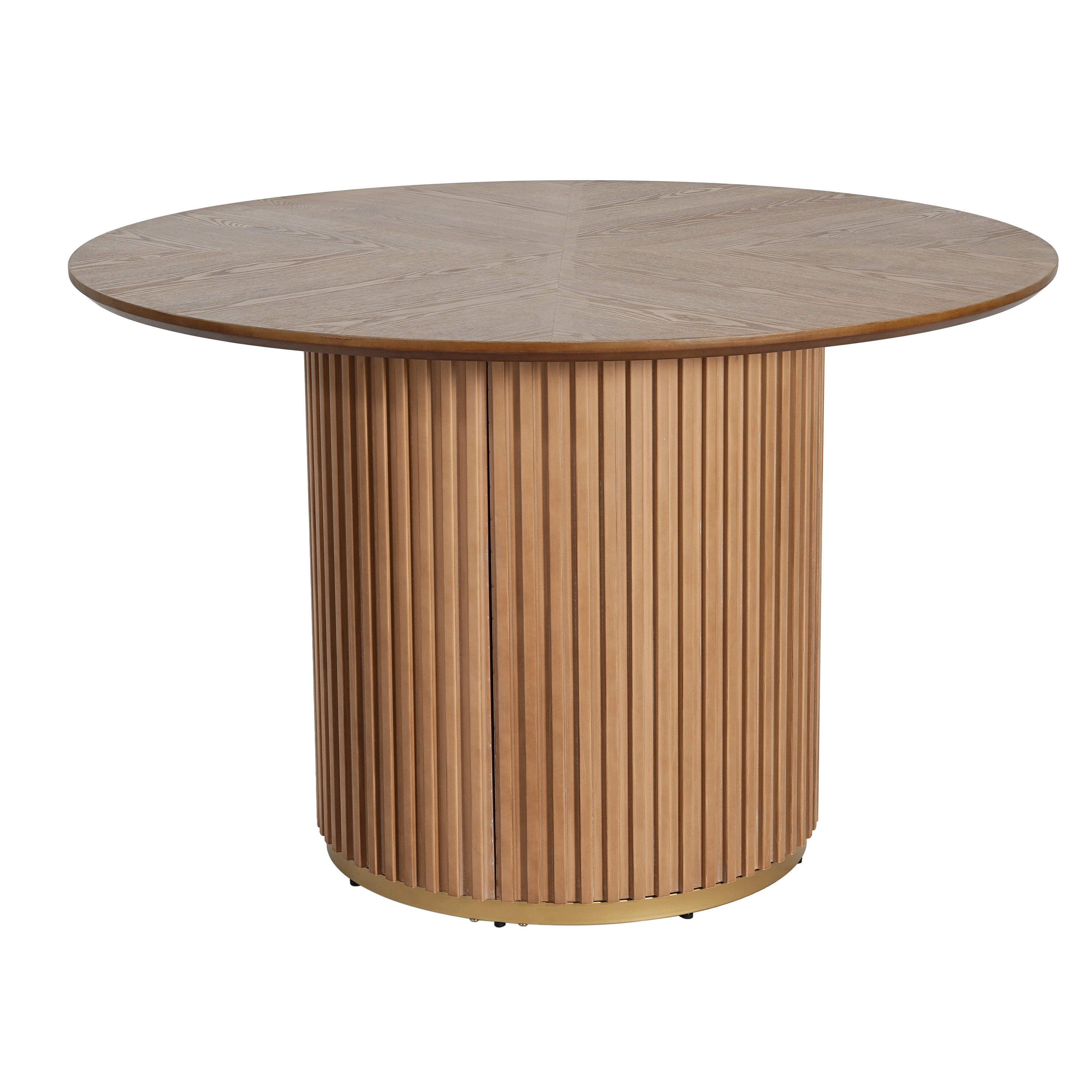 Round natural oak pedestal dining table on white background, front view with fluted cylindrical base