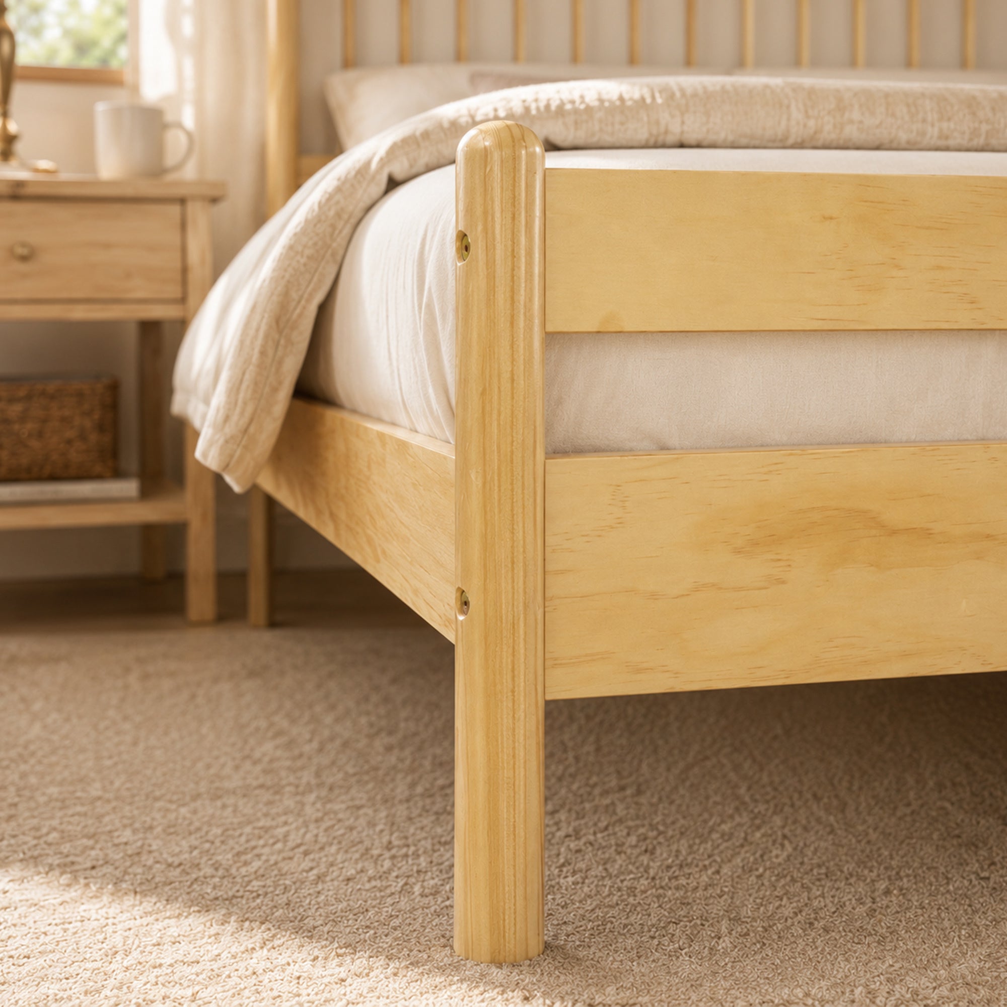 Detail of the rounded natural pine footboard post and rail beside a nightstand #Color_Natural