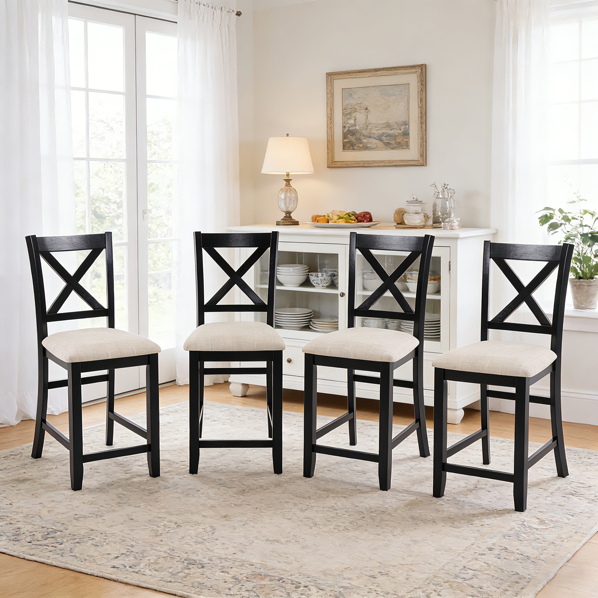 Counter-Height Dining Chairs Set of 4, Black X-Back, Beige Seat