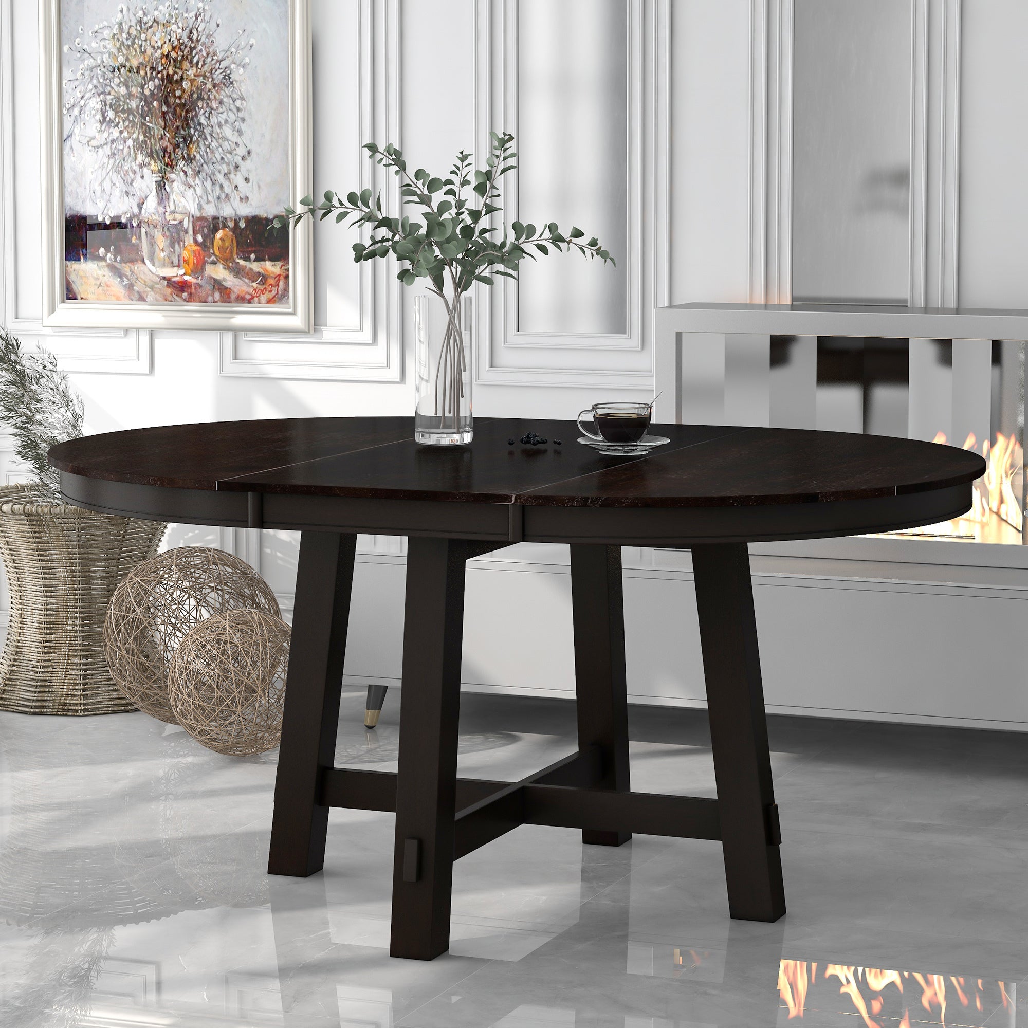 Espresso extendable dining table styled in a paneled room with a vase and coffee cup
