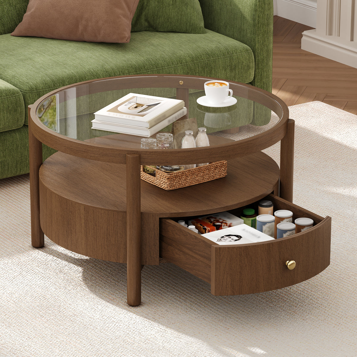 Walnut Glass Top Round Coffee Table with Storage, 29.5 in, Mid-Century