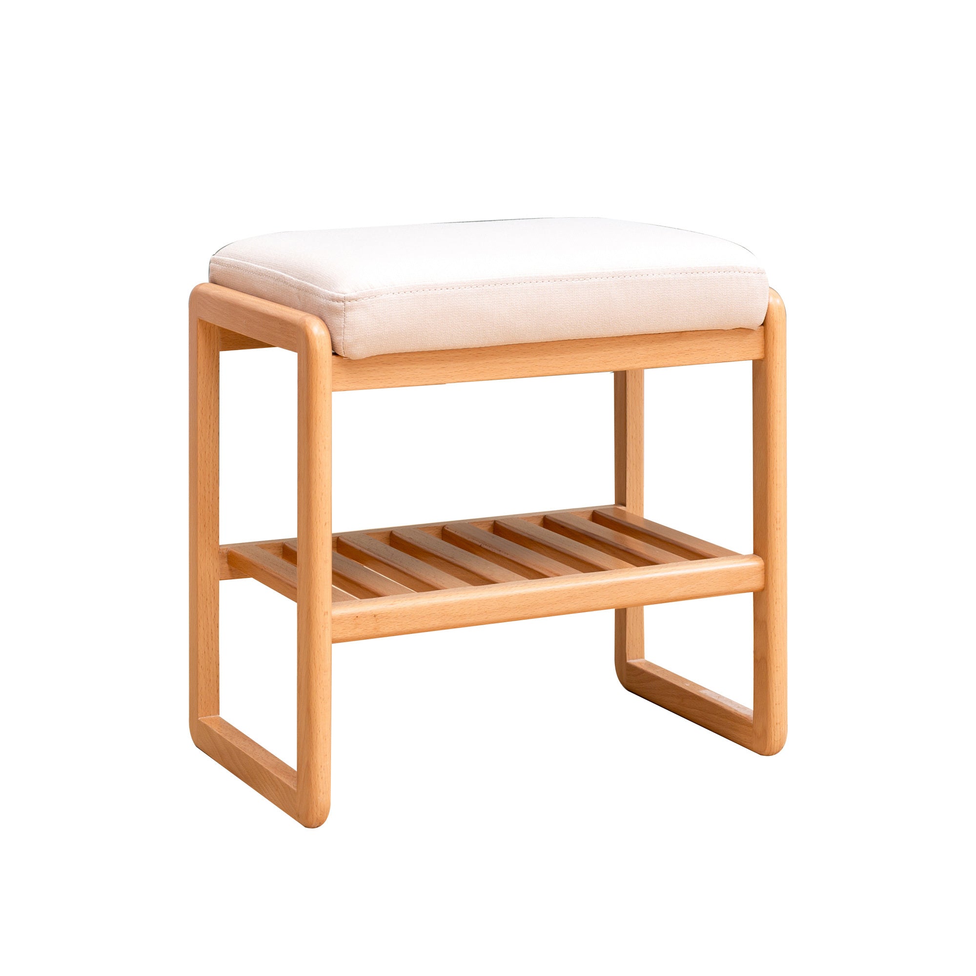 Solid Wood Shoe Storage Bench, Natural Beech with Beige Cushion