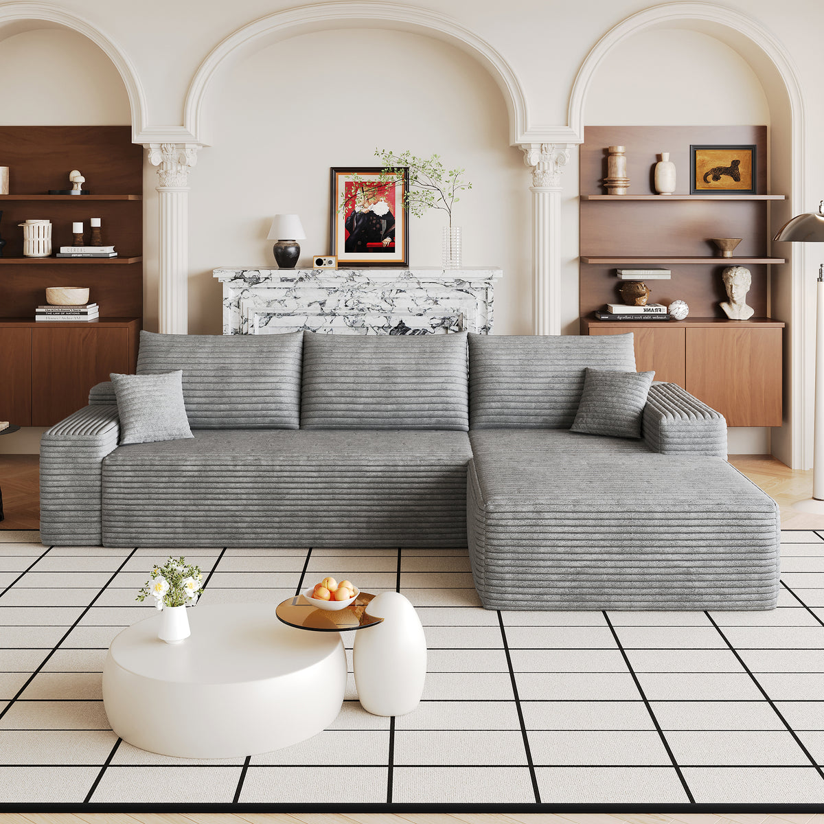 Gray Corduroy L-Shaped Modular Sectional, 107 in Wide, Right-Facing