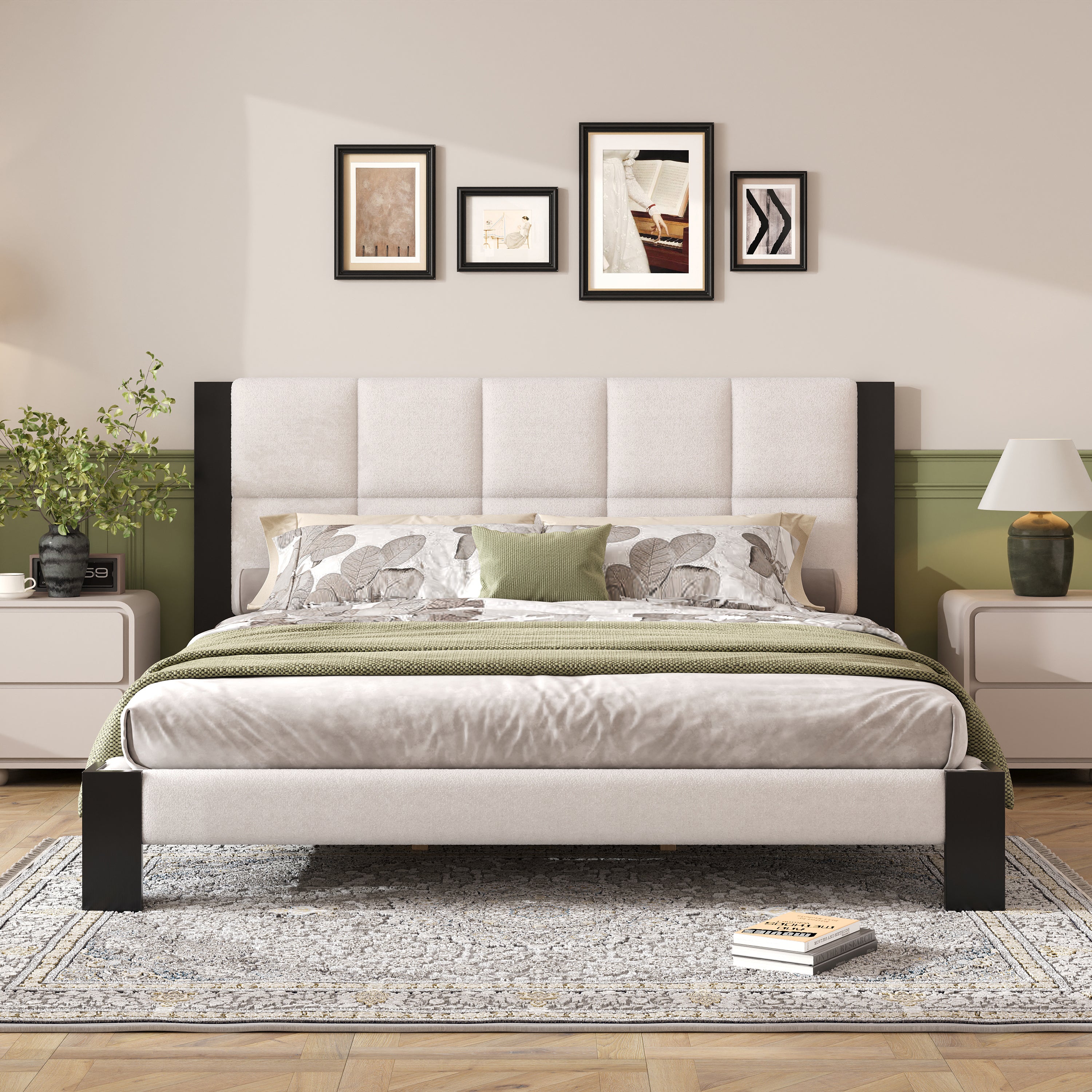 Boucle King Bed Frame with Cube Headboard, Beige and Black