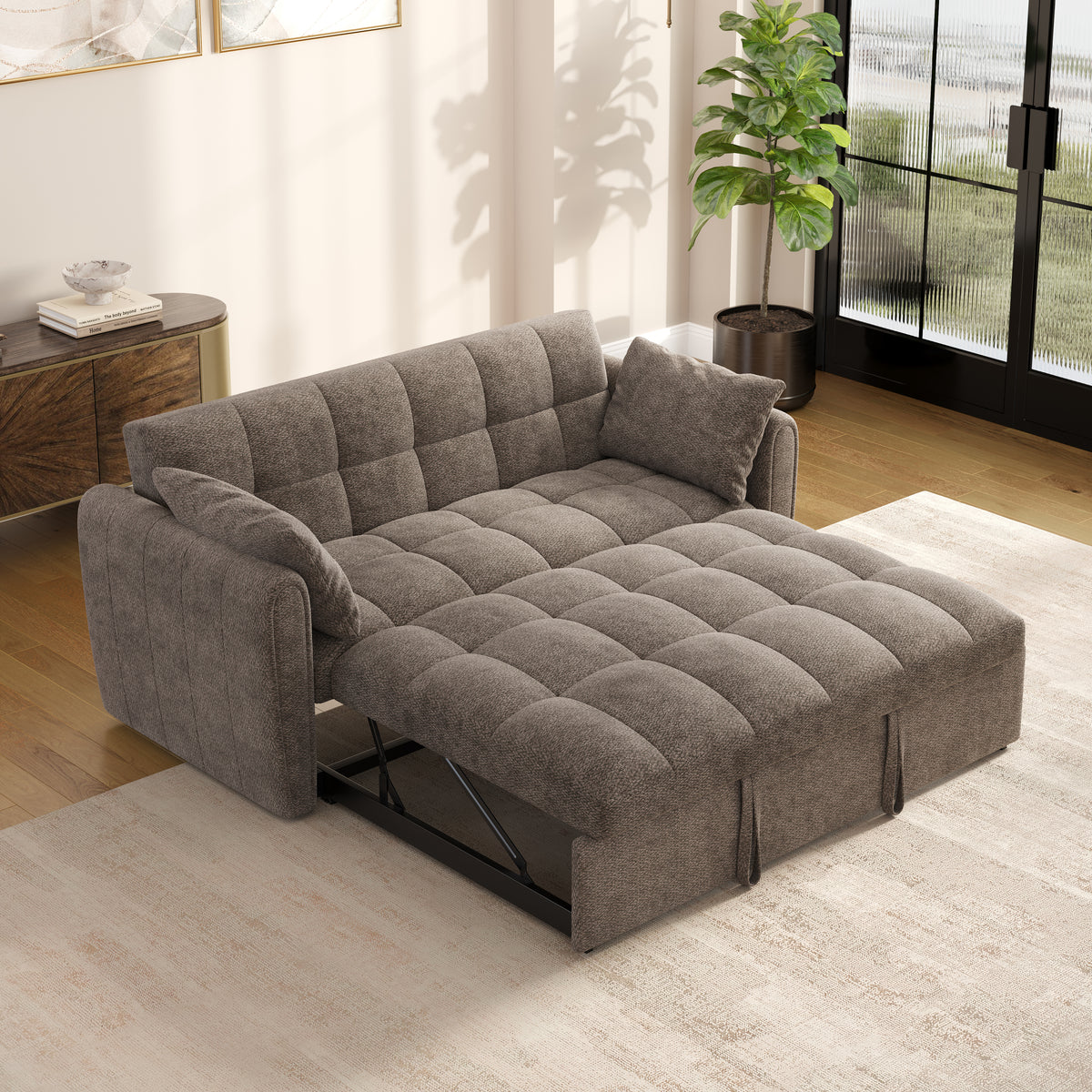 Khaki Velvet 2-Seat Sleeper Sofa, 65 in Wide