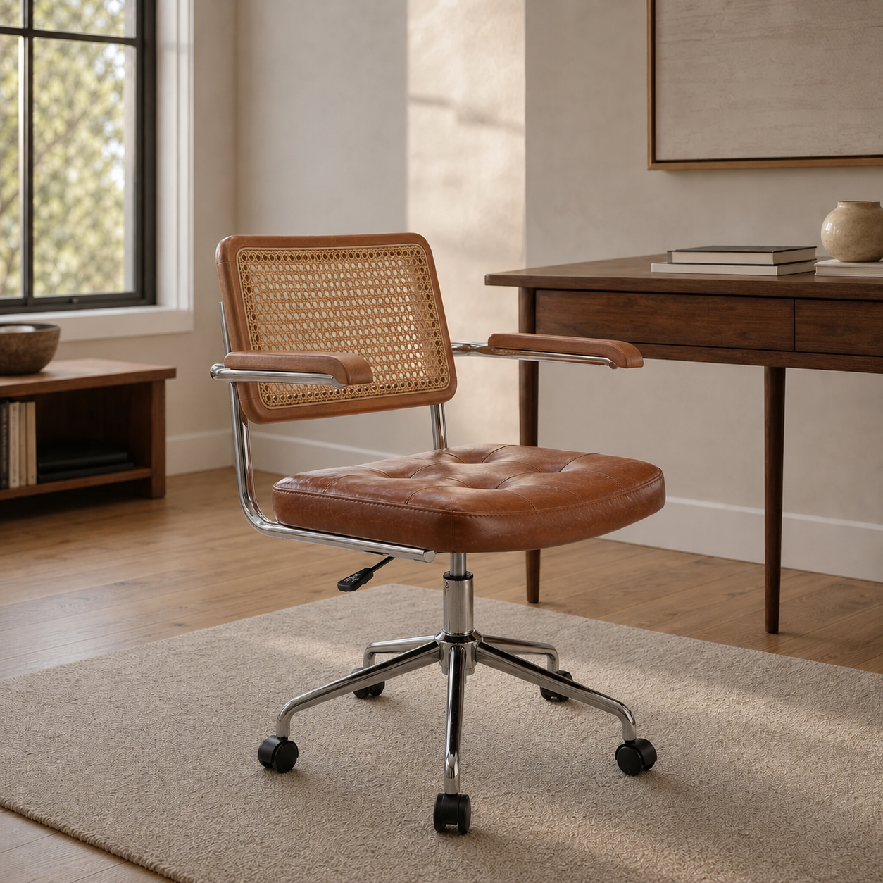 Mid Century Modern Desk & Office Chair, Handwoven Rattan & Brown Vegan Leather