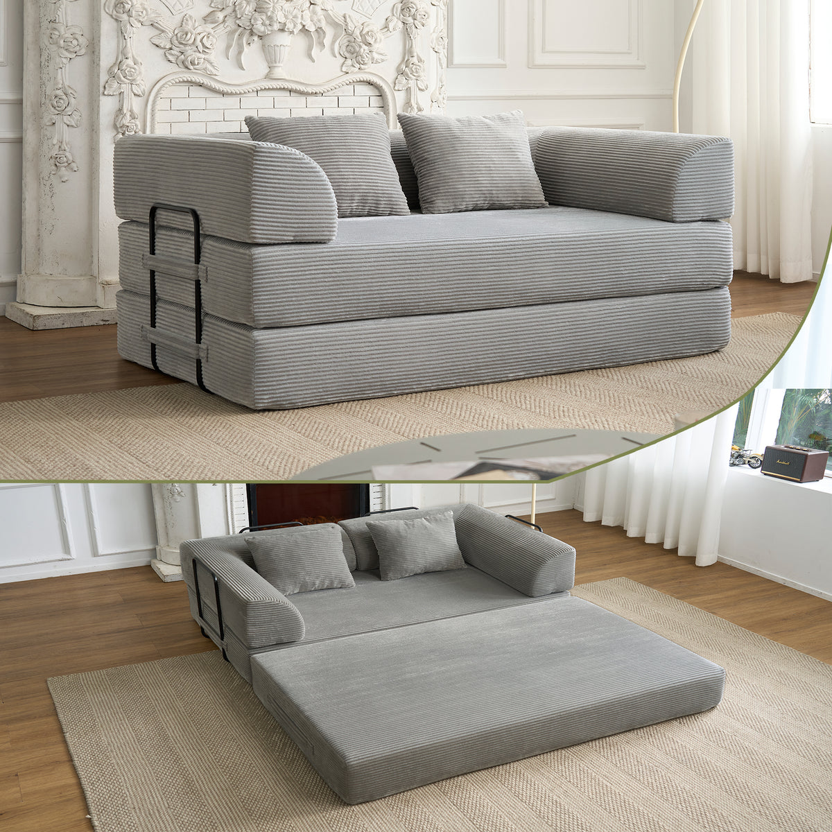 Light Gray Corduroy Sleeper Sofa, No Assembly, 59.1 in Wide
