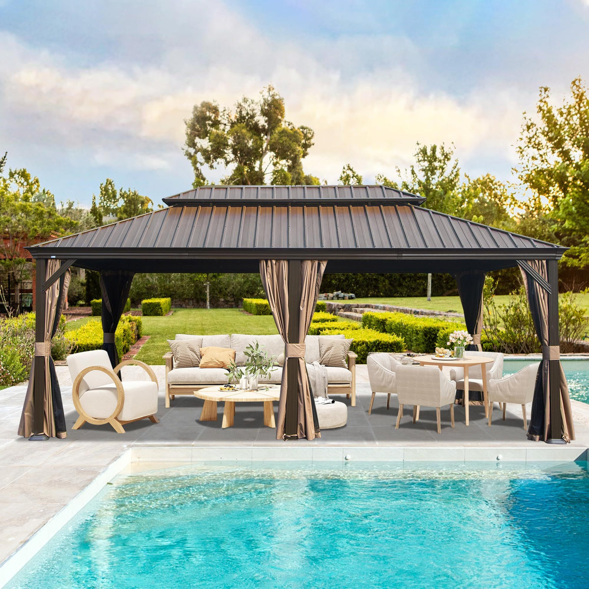 14x22 ft Brown Metal Hardtop Gazebo with Netting and Curtains