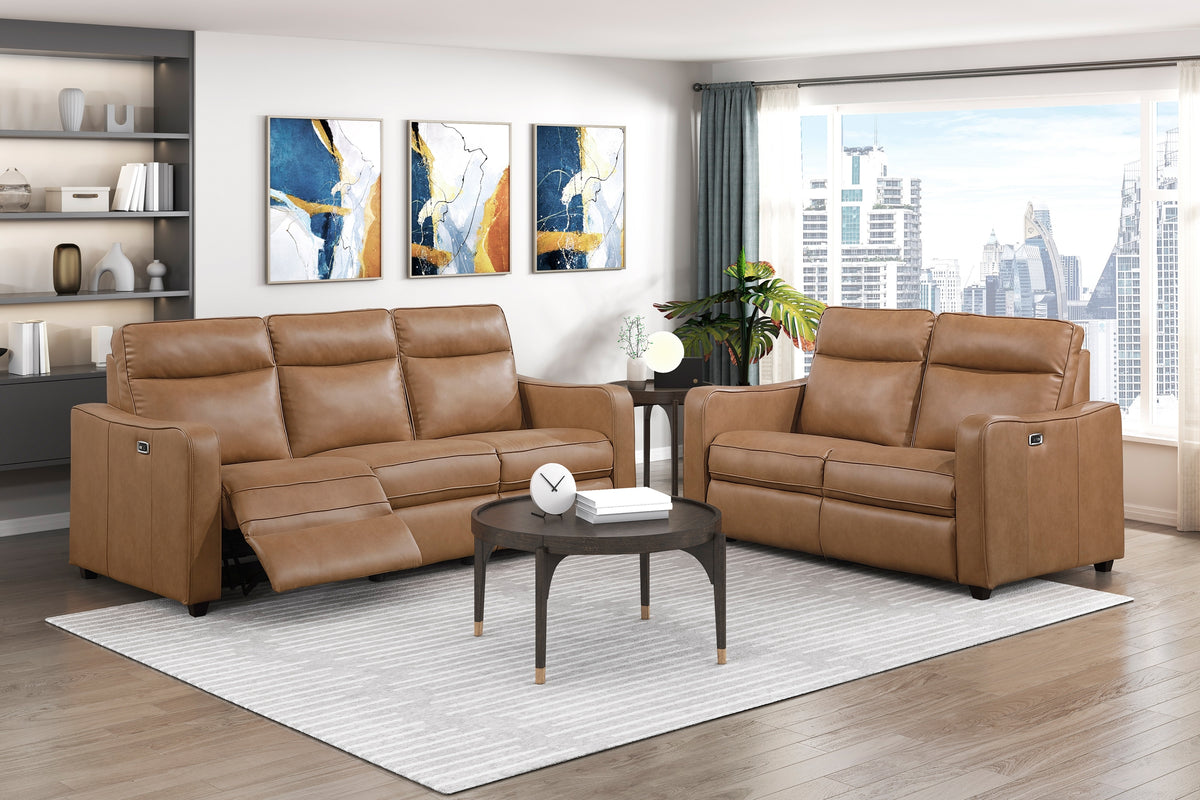 Brown Vegan Leather Power Reclining Sofa and Loveseat Set