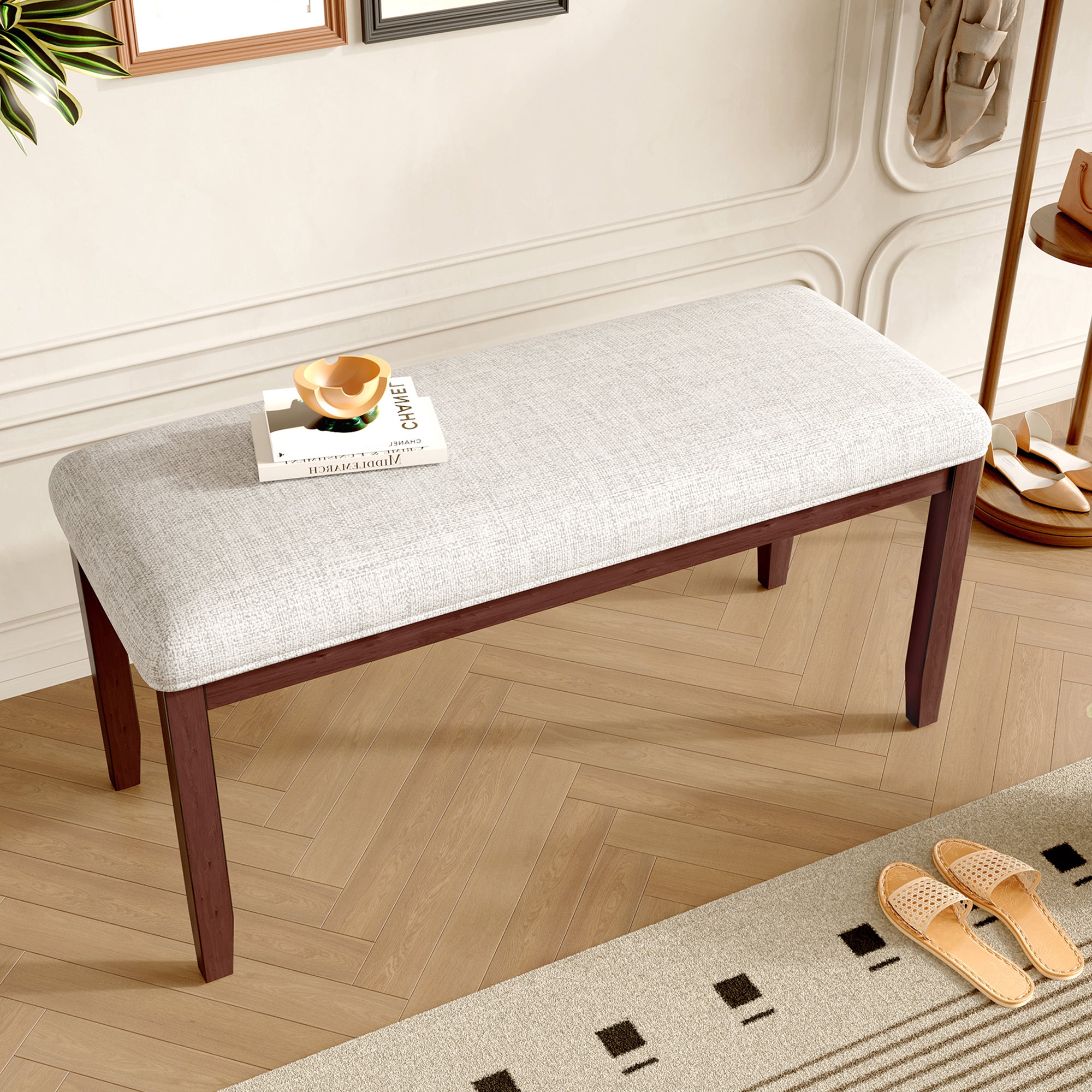 Upholstered Dining Bench, Beige, 38 in, Cherry Wood Legs
