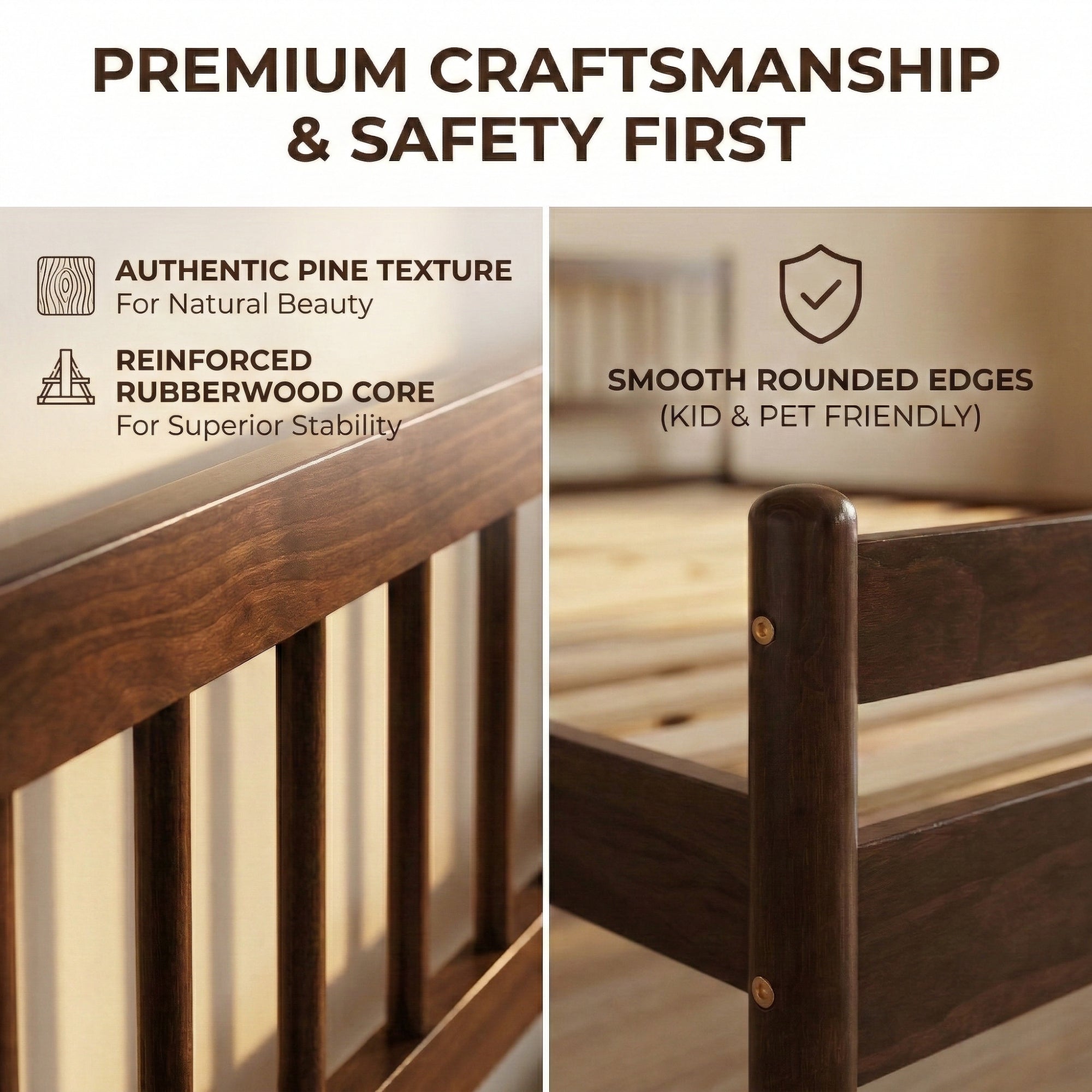 Close-up of walnut king bed footboard corner in bedroom