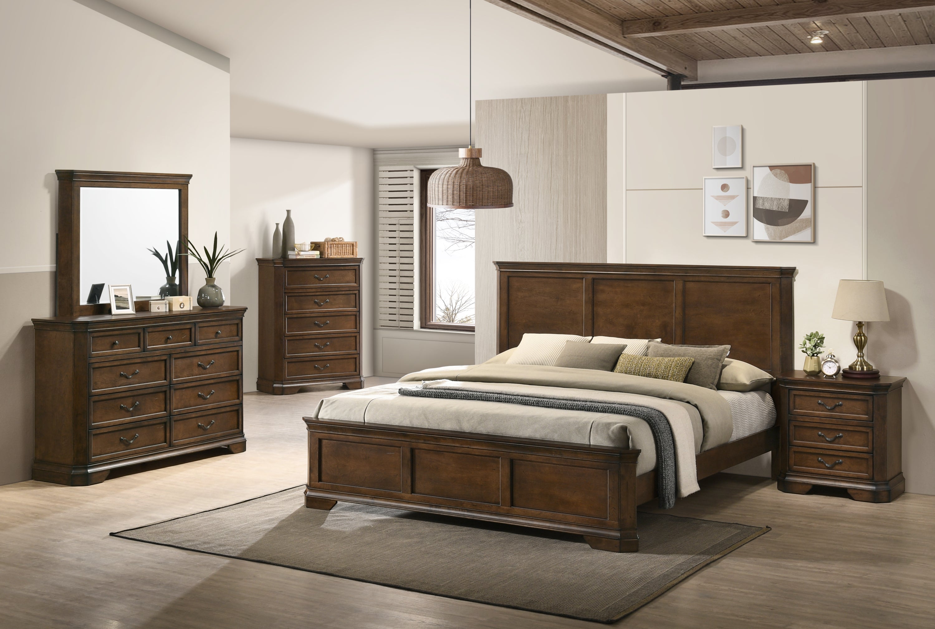 5-Piece King Bedroom Set: Solid Wood Panel Bed, Dresser, Chest