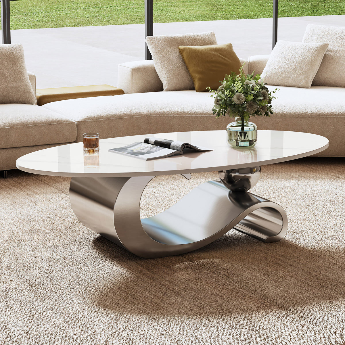 Gray Oval Coffee Table, 49.2 in, Sculptural Curve Base