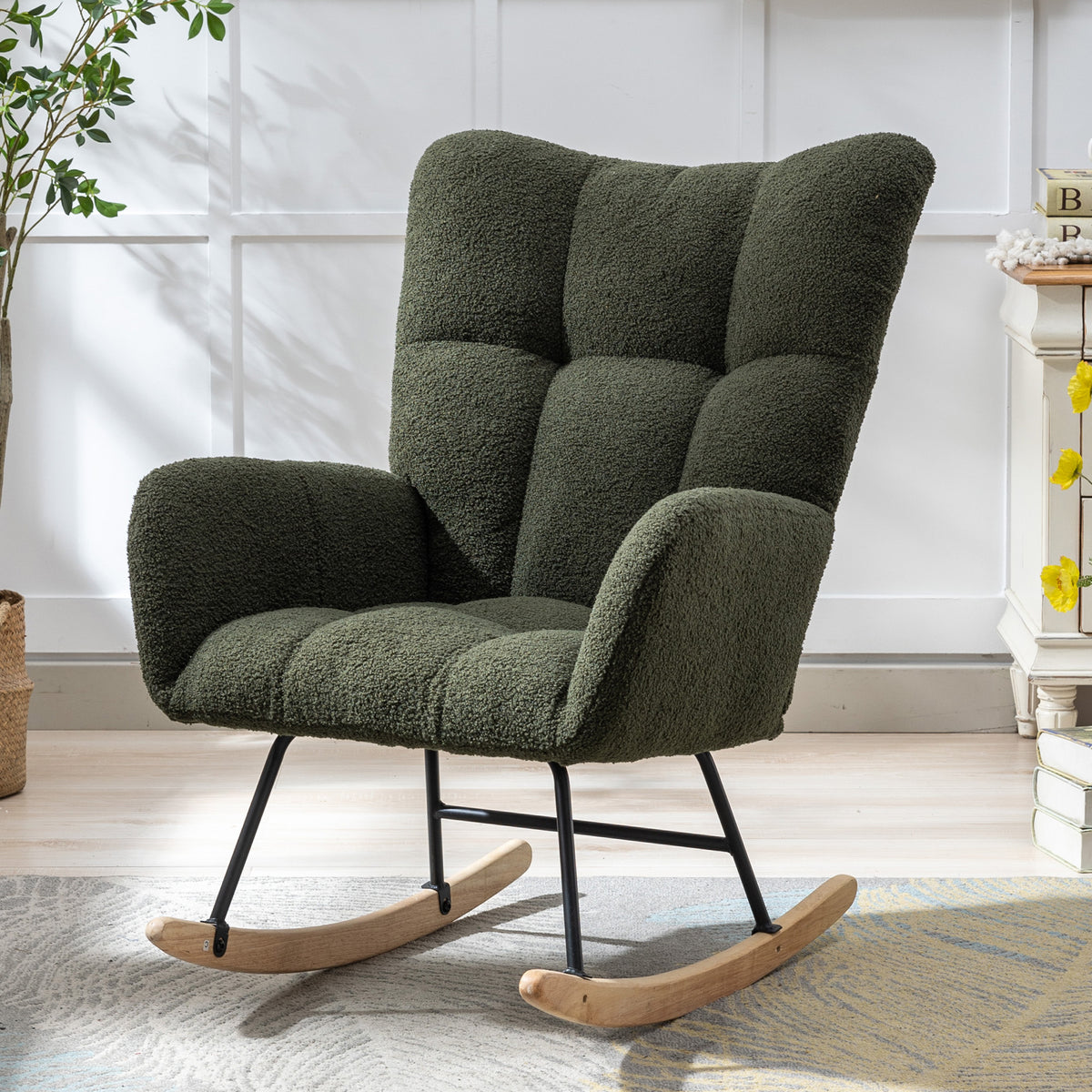 Dark Green Sherpa Wingback Rocking Chair, Nursery