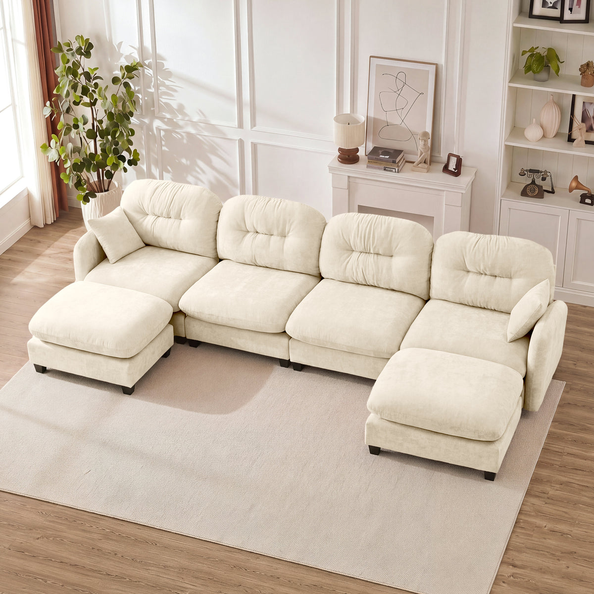Beige Chenille Modular Sectional Couch with 2 Ottomans