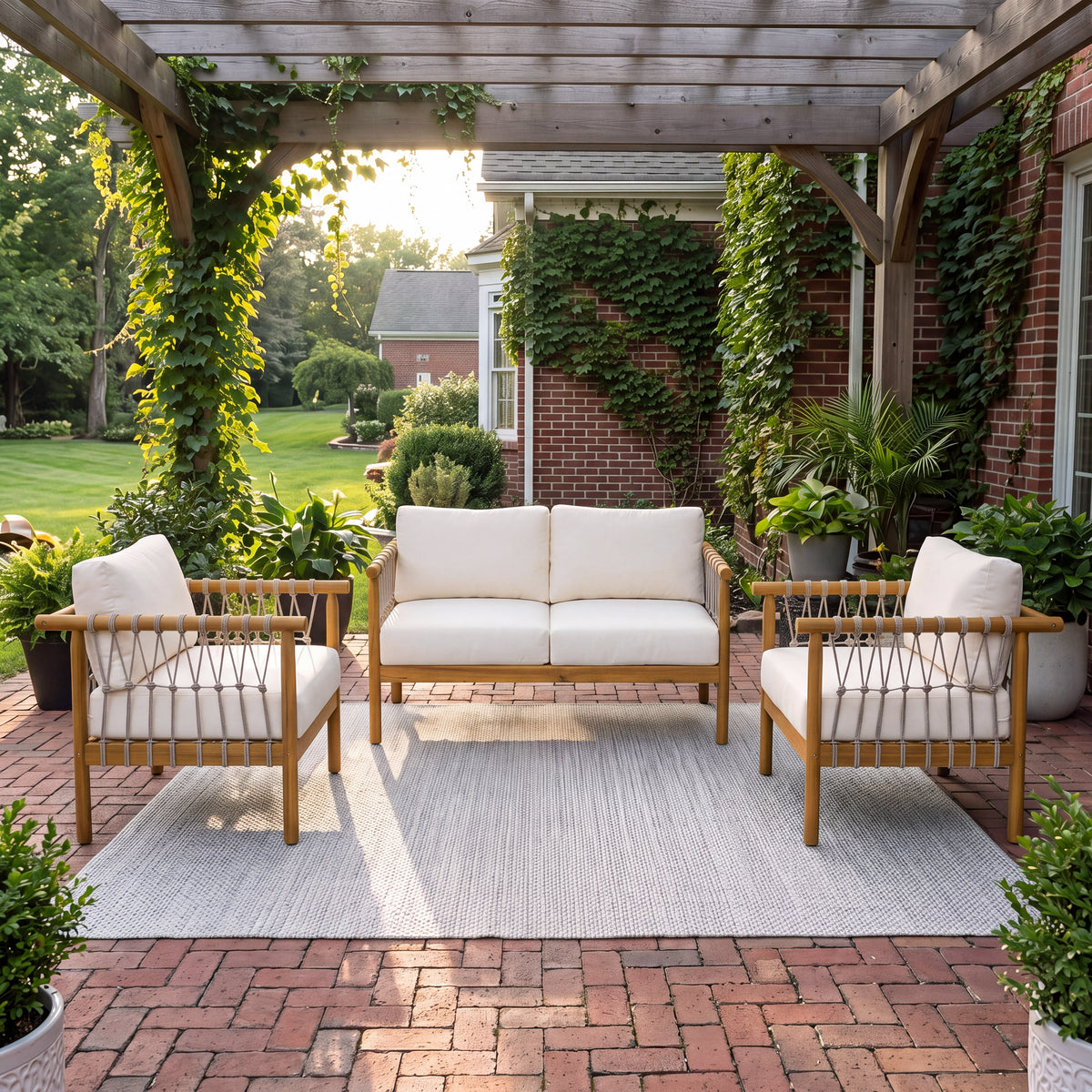 Teak Finish Solid Wood 3-Piece Outdoor Sofa Set for 4 with Cushions