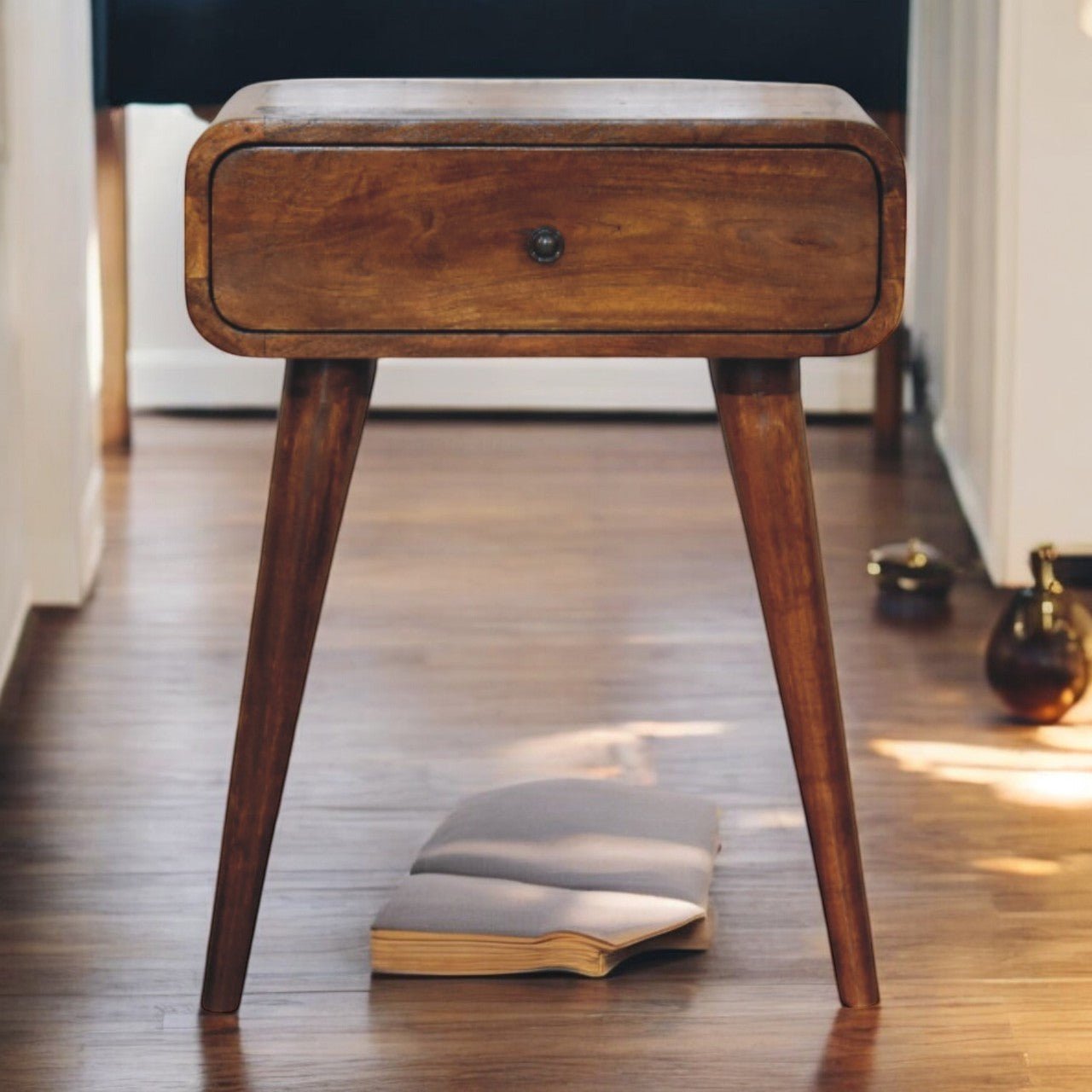 Brown Nightstand, 1 Drawer, Nordic Legs, Solid Mango Wood