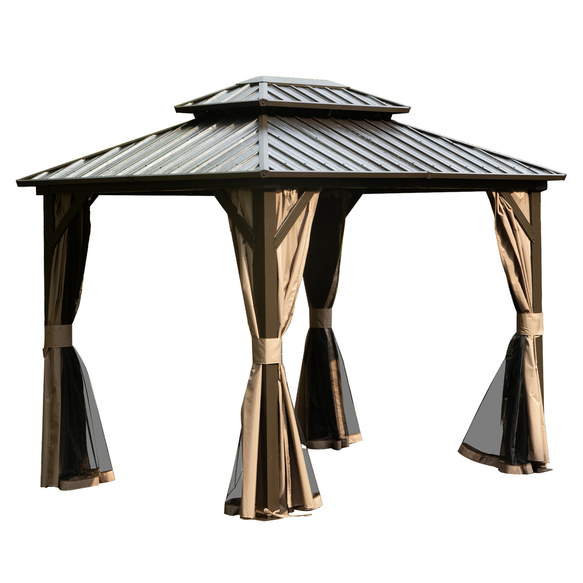 8x10 ft Brown Double Roof Hardtop Gazebo with Netting and Curtains