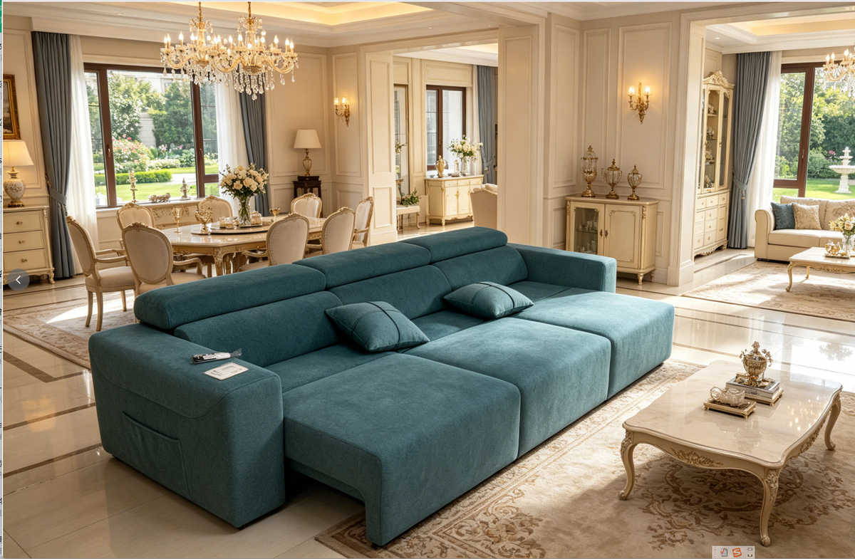 Blue Power Reclining Sofa, USB Charging, 122 in Wide